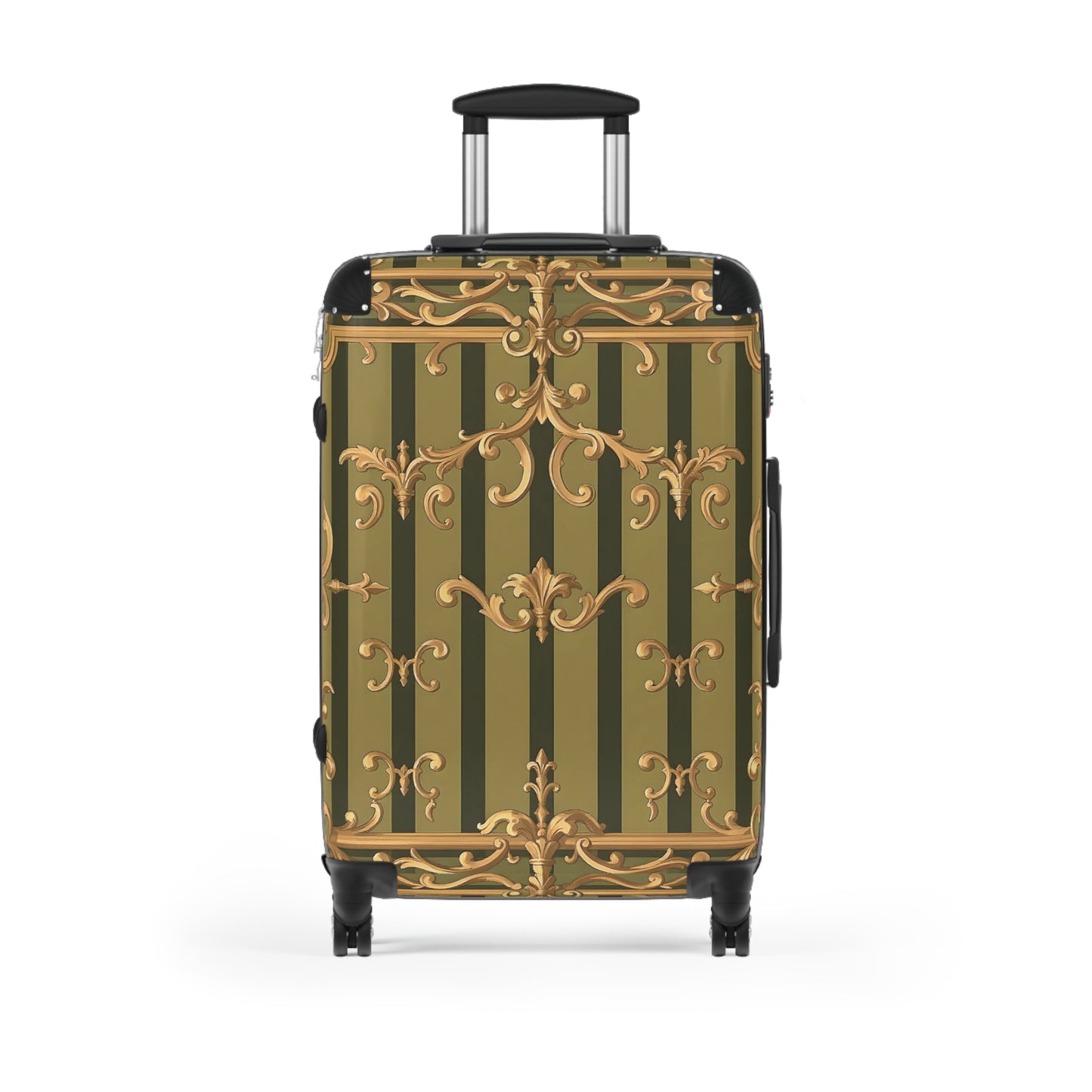 Ornate Travel Suitcase, Stylish Luggage for Adventurers, Vintage-Inspired Carry-On - Olive Green Striped Rococo