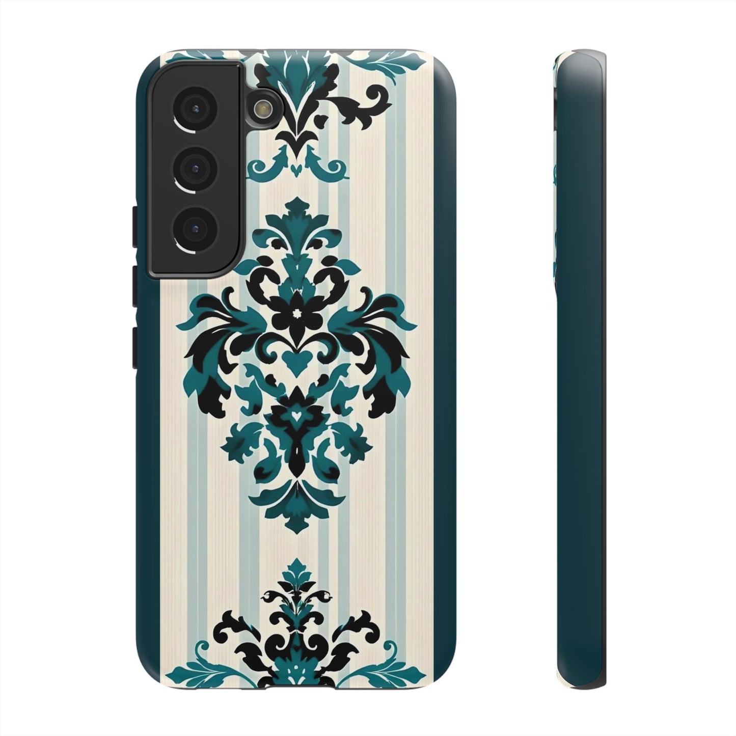 Elegant Floral Phone Case - Tough Cases with Vintage Design - Teal Striped Damask