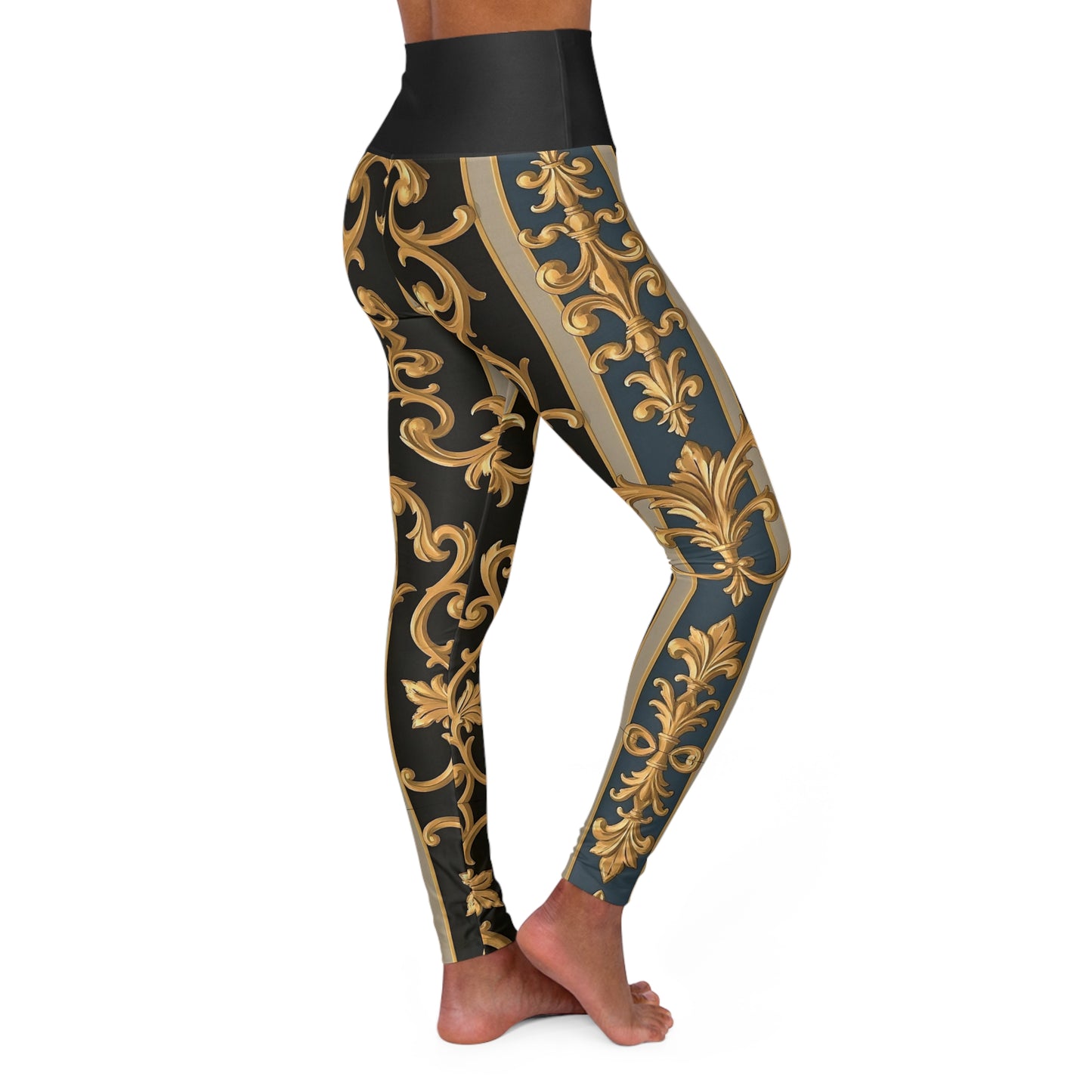 Elegant Floral High Waisted Yoga Leggings, Workout Leggings, Athleisure Pants, Fitness Fashion, Daily Wear - Blue & Black Striped Rococo