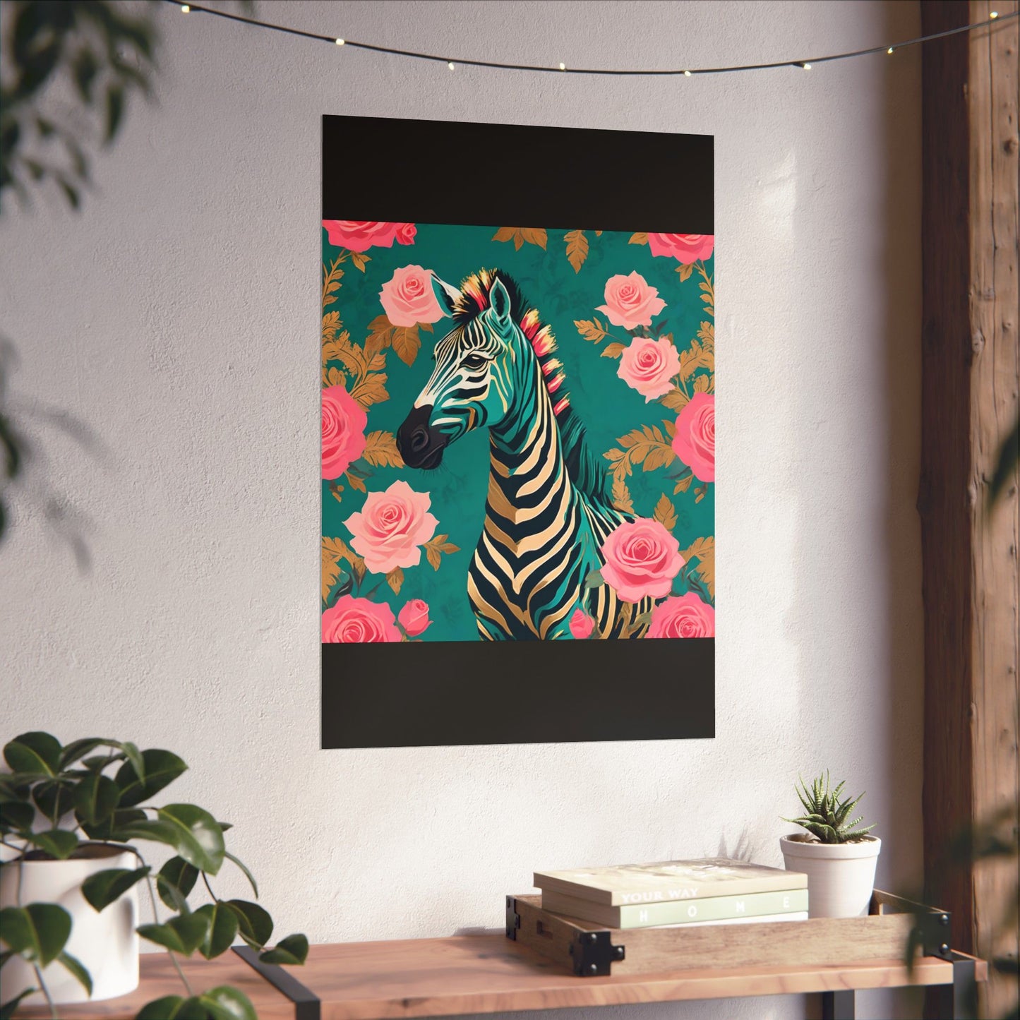 Floral Art Poster - Elegant Matte Vertical Wall Decor - Teal & Gold Zebra & Roses