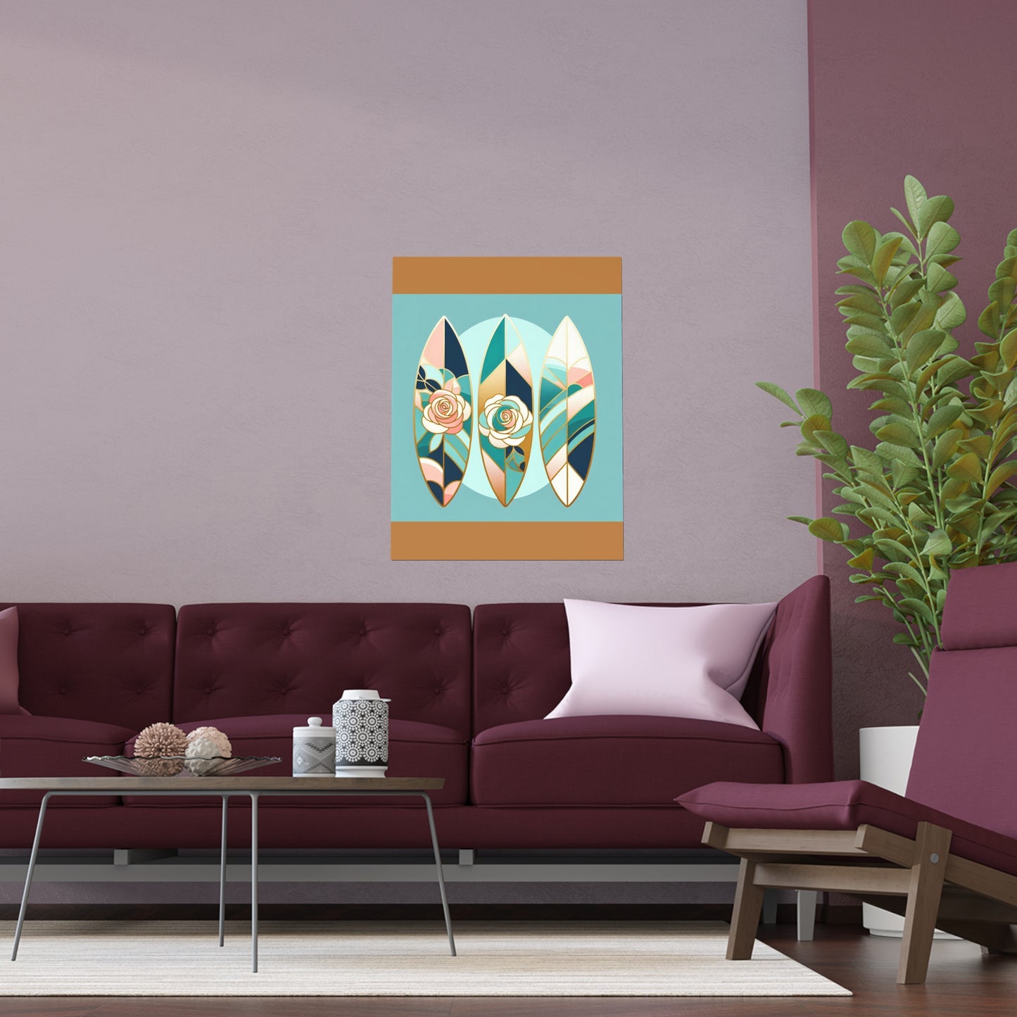 Elegant Floral Silk Poster - Indoor/Outdoor Wall Art for Home Decor - Blue, Pink & Aqua Surfboard & Roses