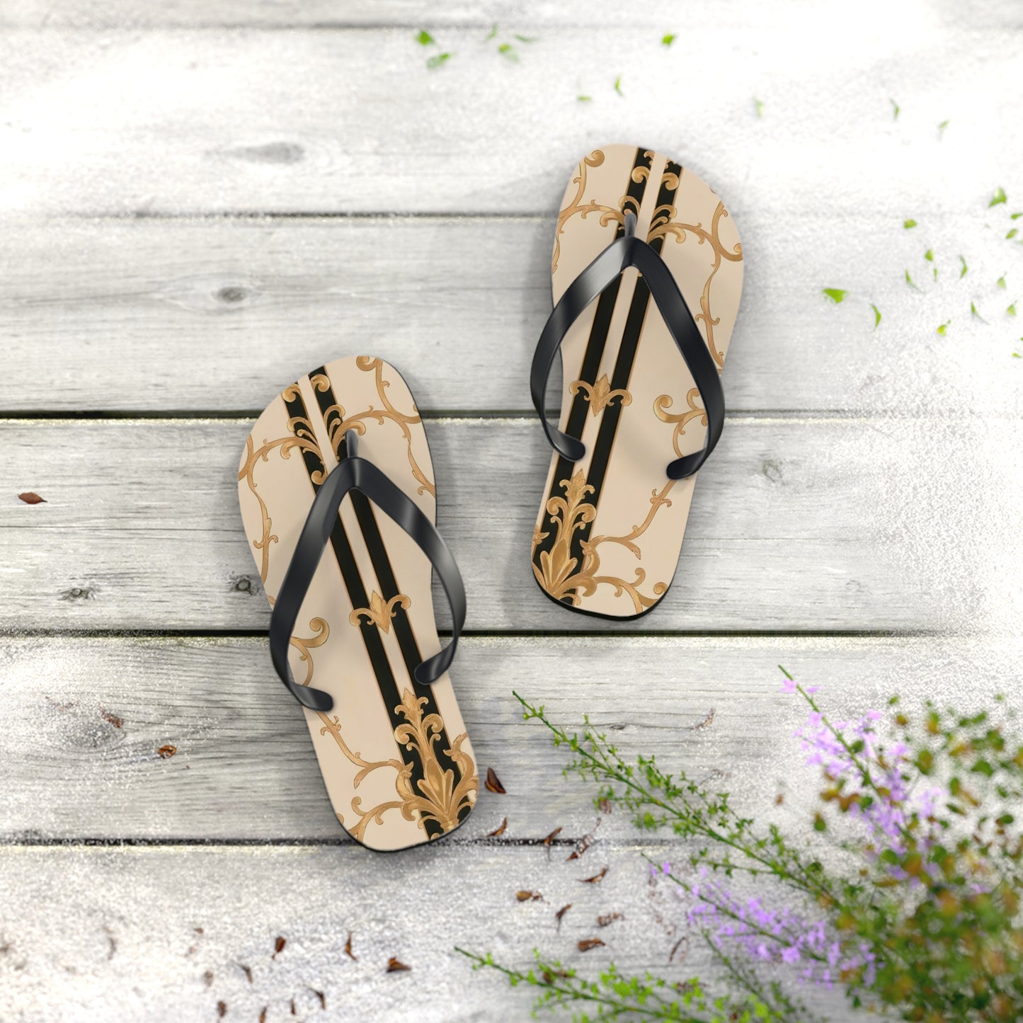 Chic Floral Flip Flops | Stylish Summer Sandals for Beach, Pool, Vacation, Travel, Fun In The Sun - Black & Beige Striped Damask