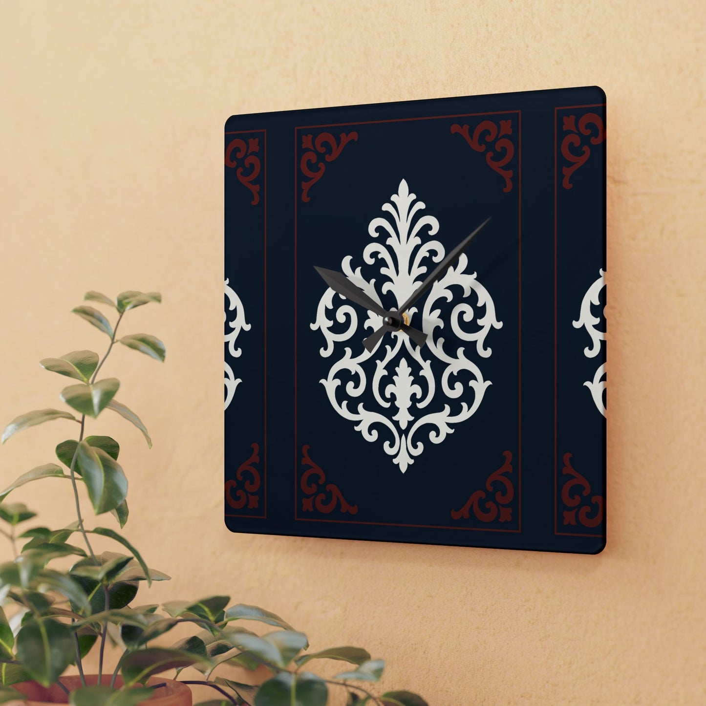 Dusk Blue-Maroon & White Baroque Acrylic Wall Clock — Navy & Ivory Decorative Timepiece