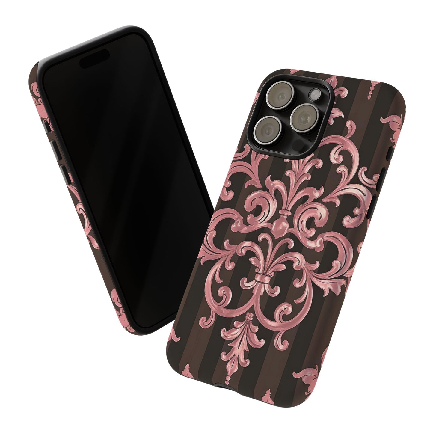 Elegant Floral Motif Phone Case - Tough Cases with Vintage Design - Brown Striped Mauve Damask