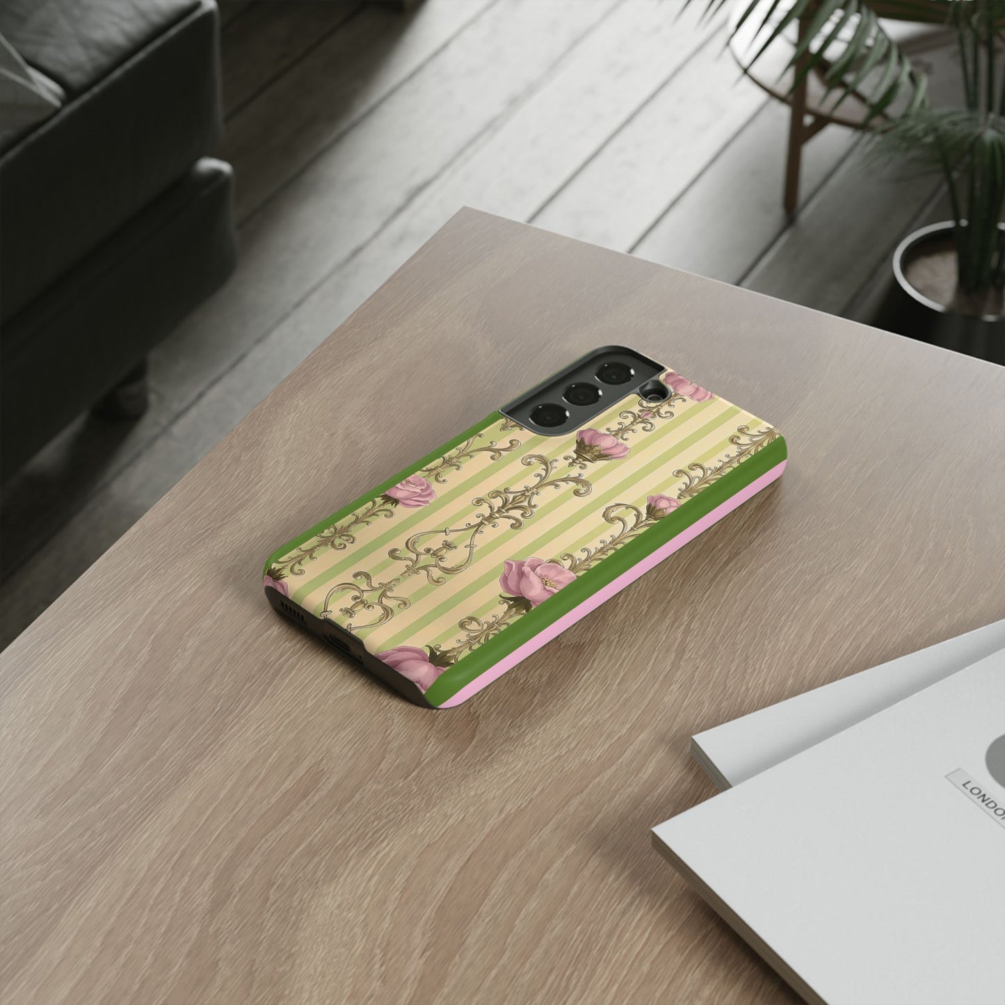Elegant Floral Motif Phone Case - Tough Cases with Vintage Design - Lime Green & Pink Striped Damask