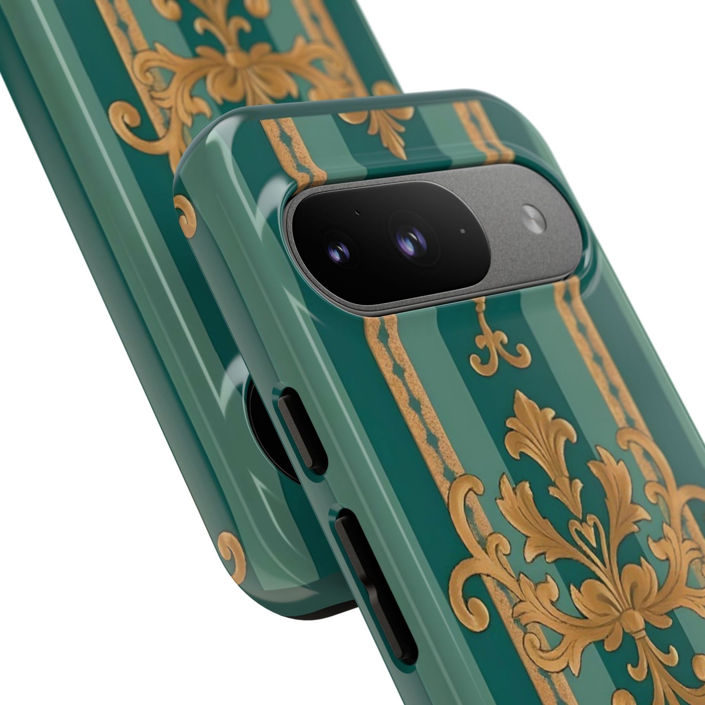 Elegant Floral Motif Phone Case - Tough Cases with Vintage Design - Teal Striped Gold Damask