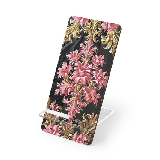 Elegant Floral Mobile Display Stand, Phone Holder, Desk Organizer, Gift for Smartphone Users - Black & Pink Oil Painting Style Rococo
