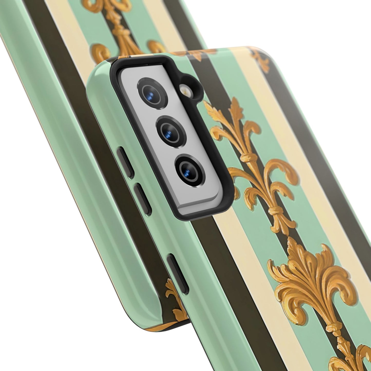 Elegant Floral Tough Phone Cases - Stylish Protection for All Occasions, Gifts for Her, Phone Covers - Black & Matte Mint Striped Rococo