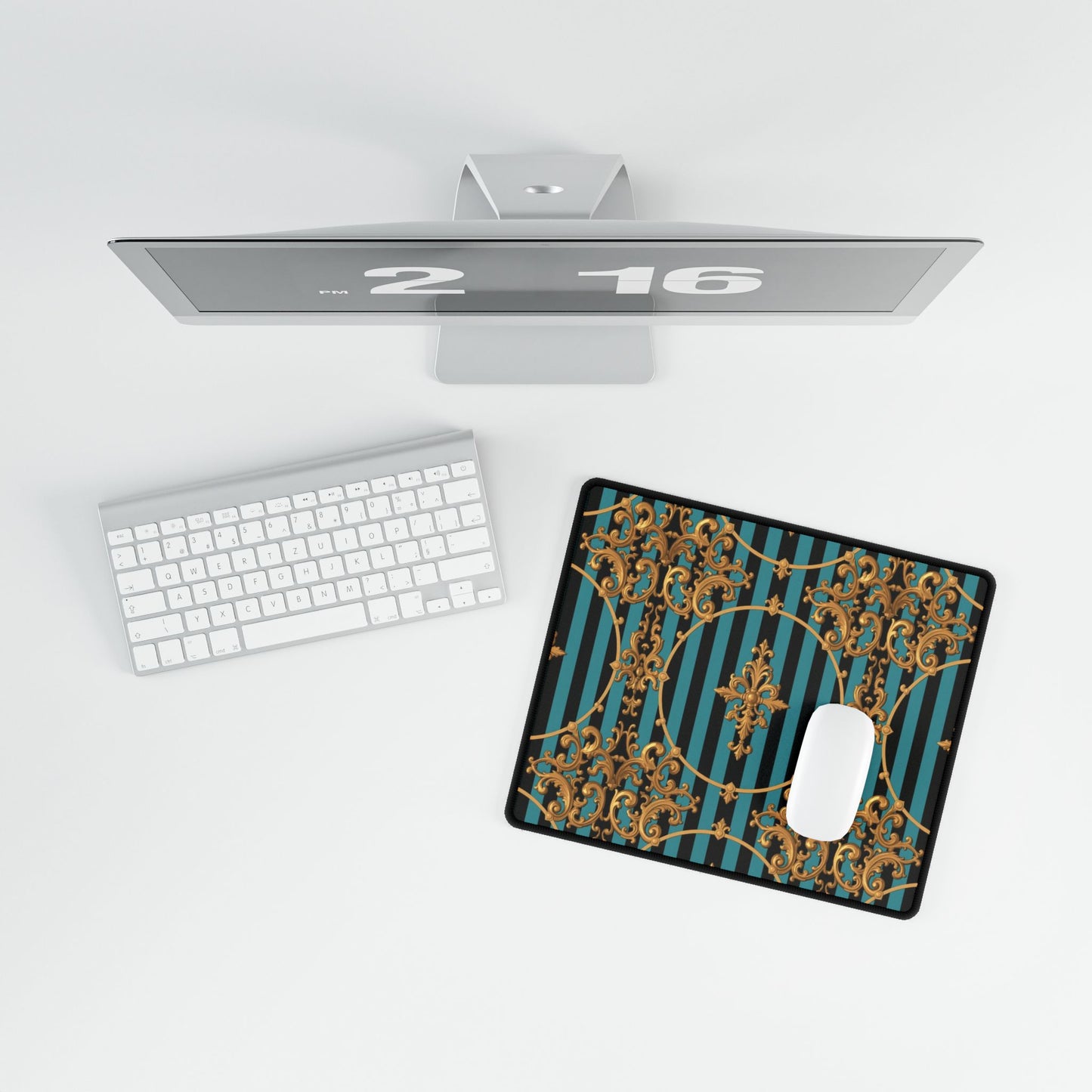 Elegant Turquoise & Black Striped Gold Baroque Desk Mats for Home Office, Stylish Mouse Pads, Luxe Desk Decor, Gifts for Professionals