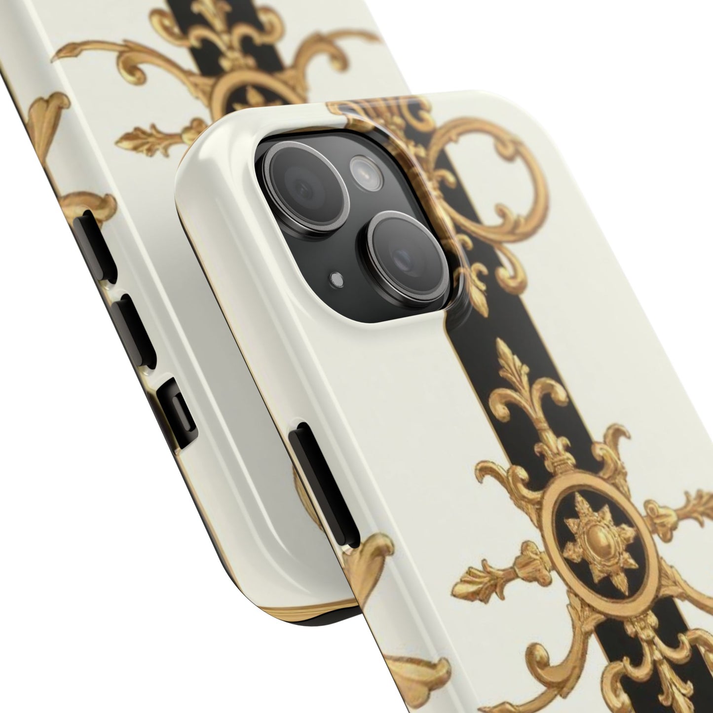 Elegant Baroque Tough Phone Case | Stylish Protection for Your Device, Gift for Her, Phone Accessories - Black & White Striped Gold Baroque