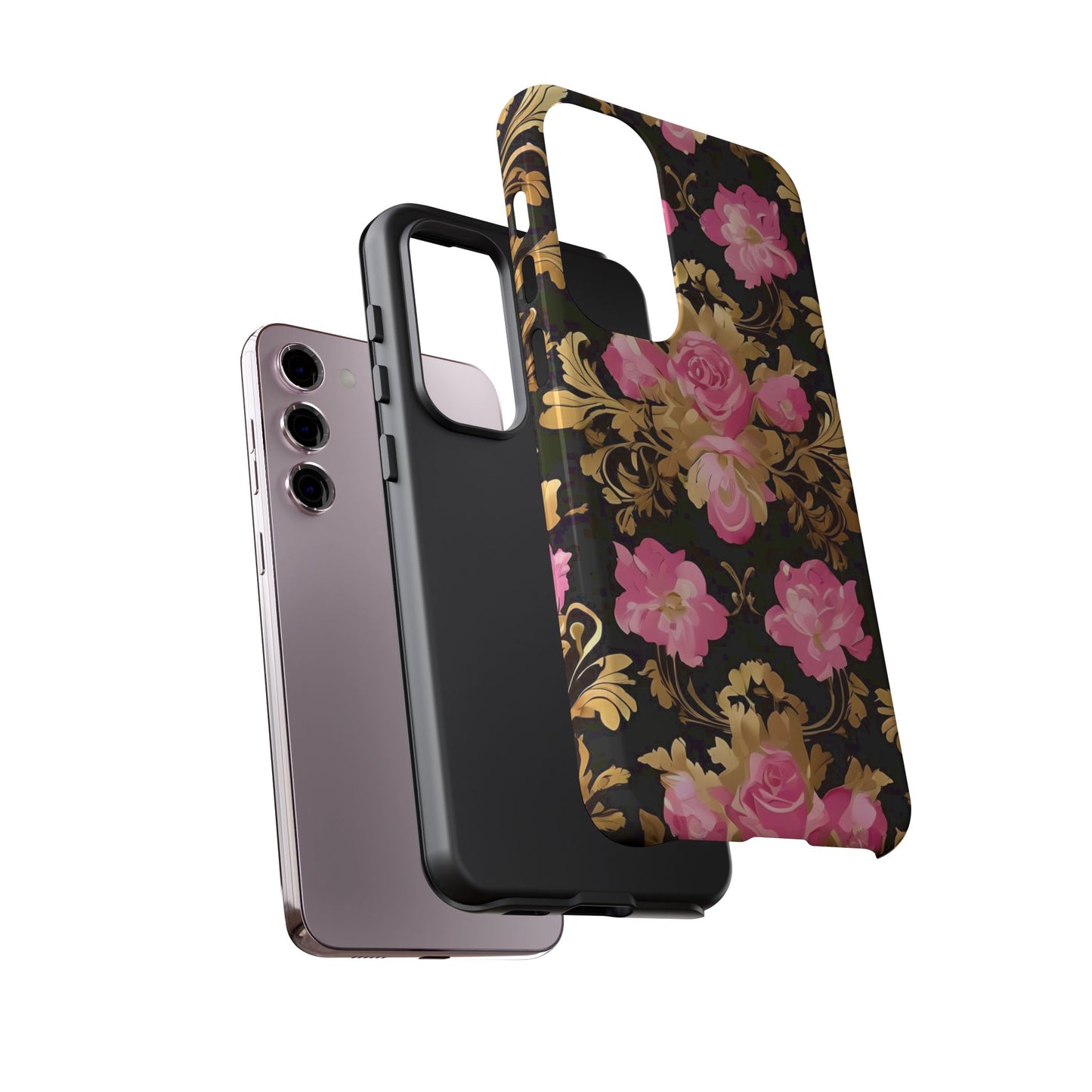 Elegant Floral Motif Phone Case - Tough Cases with Vintage Design - Pink & Gold Roses