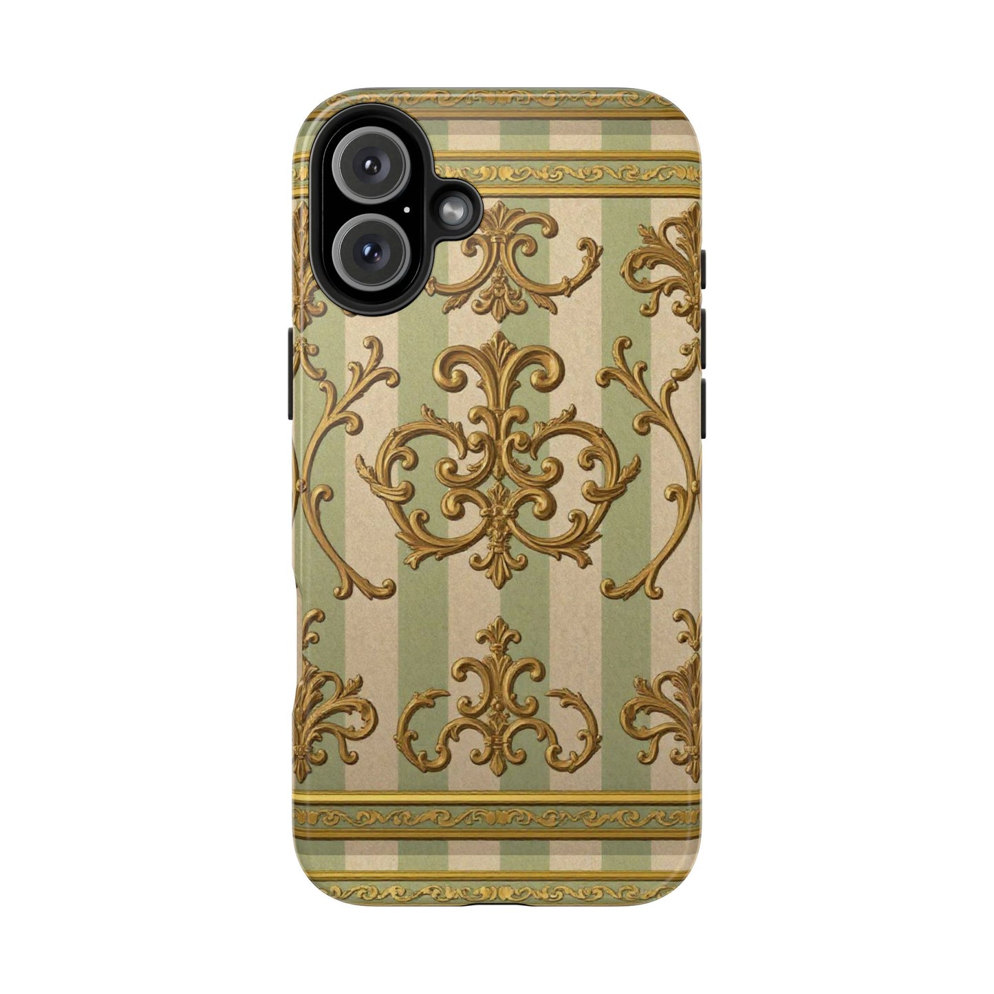 Vintage Elegance Phone Case, Tough Phone Cases for Style, Gift for Birthdays, Stylish Protection - Mint Green & Beige Striped Gold Baroque
