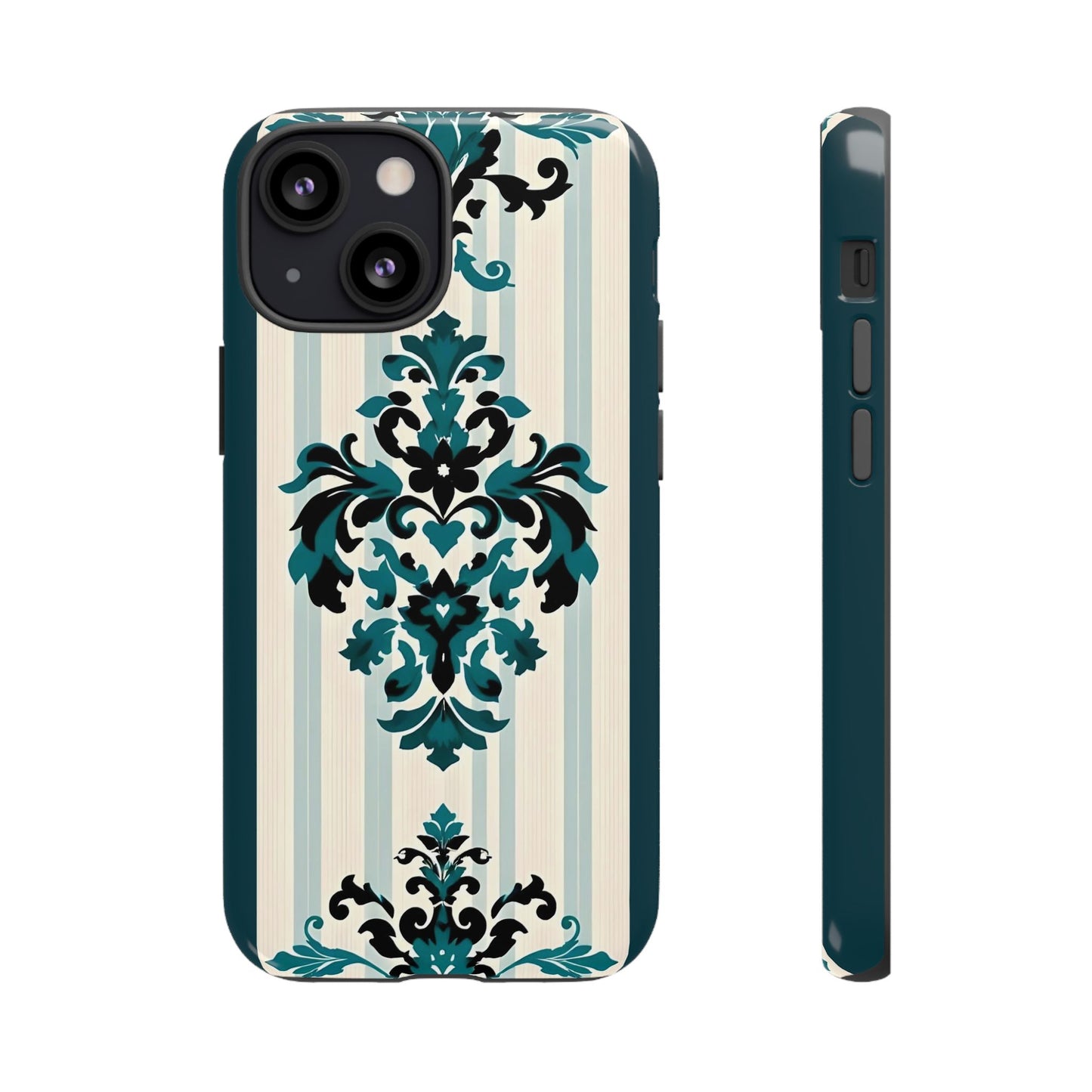 Elegant Floral Phone Case - Tough Cases with Vintage Design - Teal Striped Damask