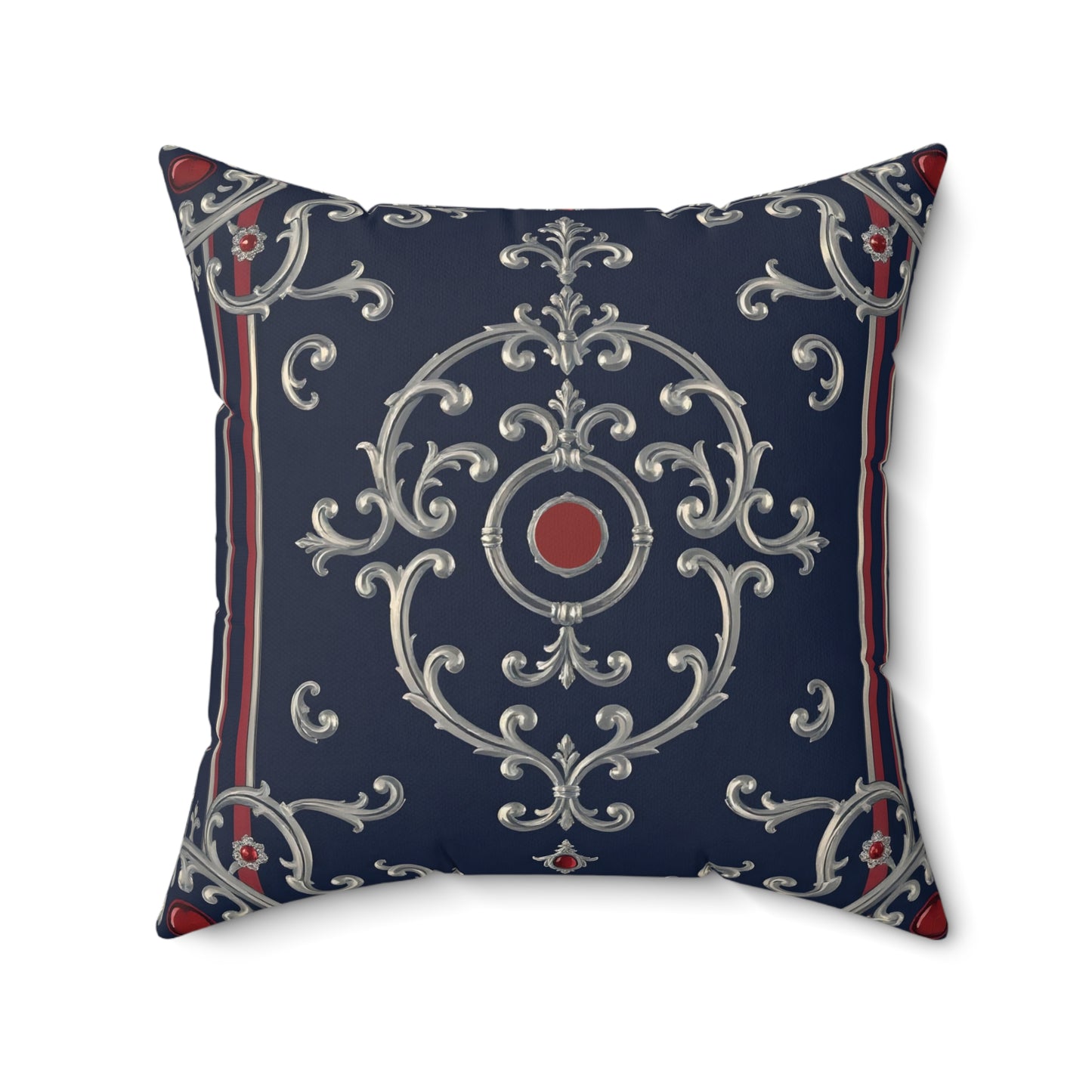 Elegant Faux Suede Pillow - Home Décor, Decorative Cushion, Cozy Living Room Accent, Stylish Throw Pillow - Blue & Red Striped Silver Baroque