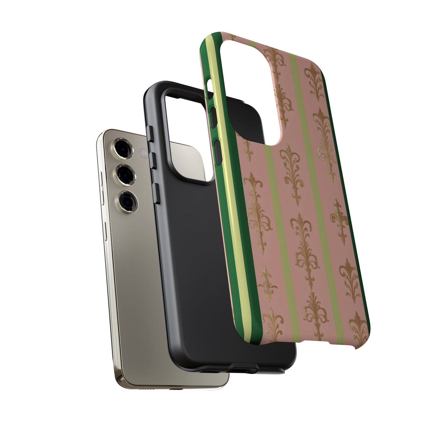 Elegant Floral Motif Phone Case - Tough Cases with Vintage Design - Lime Green & Pink Striped Damask