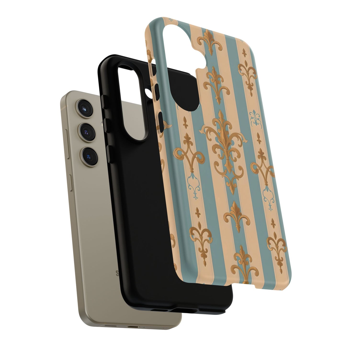 Elegant Floral Motif Phone Case - Tough Cases with Vintage Design -  Beige & Sky Blue Striped Gold Damask
