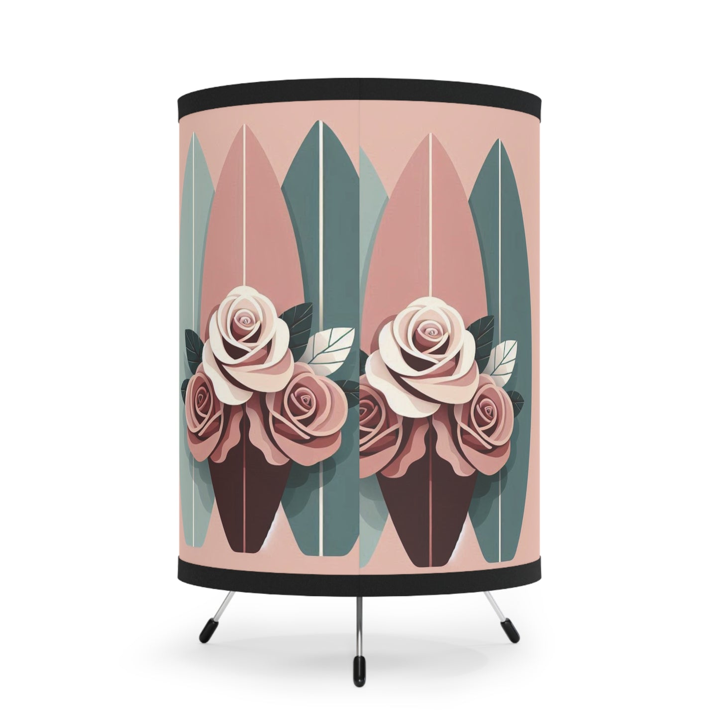 Boho Surf Tripod Lamp with Floral Design - High-Res Printed Shade - Burgundy, Matte Mauve & Teal Surfboard & Roses Design