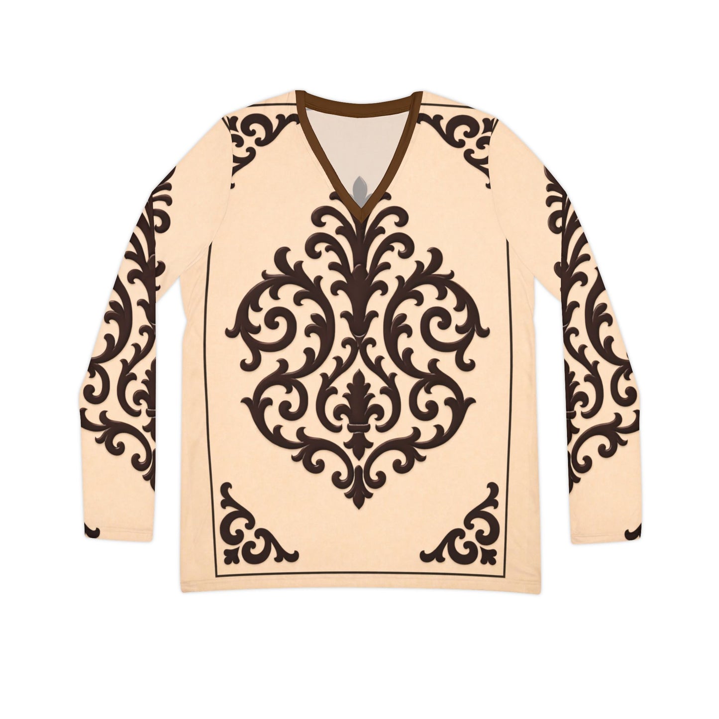 Almond-Beige & Brown Baroque V-Neck Long Sleeve Shirt — Elegant Baroque Pattern