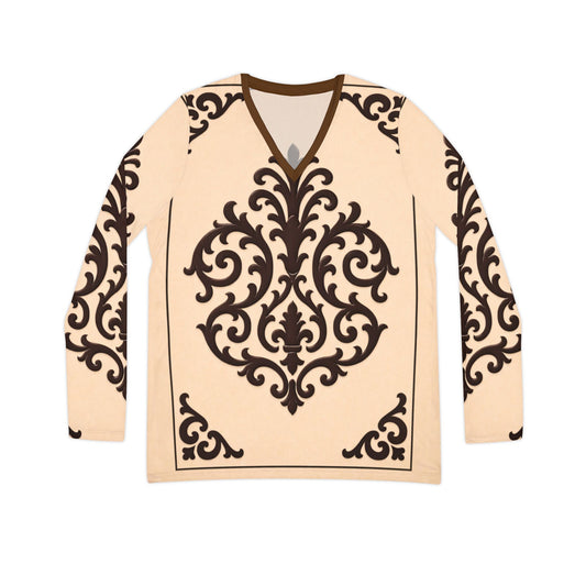 Almond-Beige & Brown Baroque V-Neck Long Sleeve Shirt — Elegant Baroque Pattern
