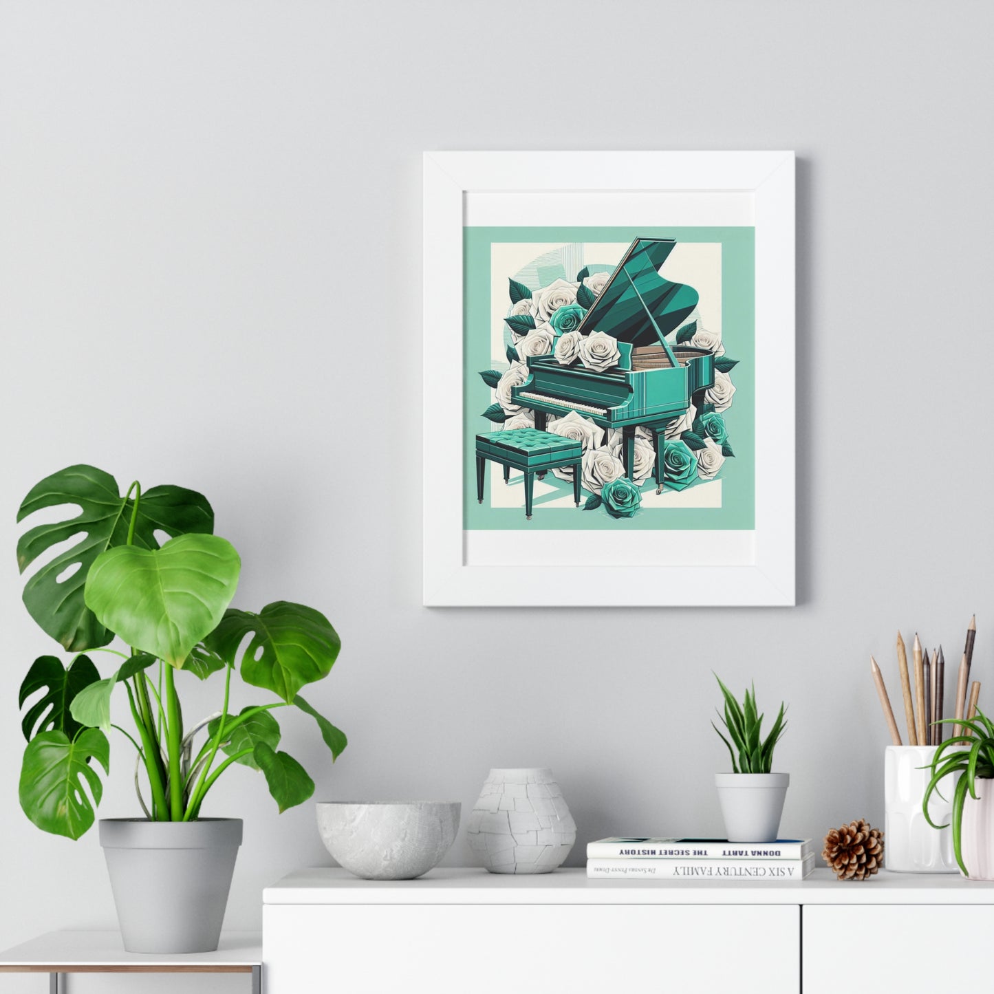 Vertical Poster - Aqua Grand Piano & Roses Wall Art