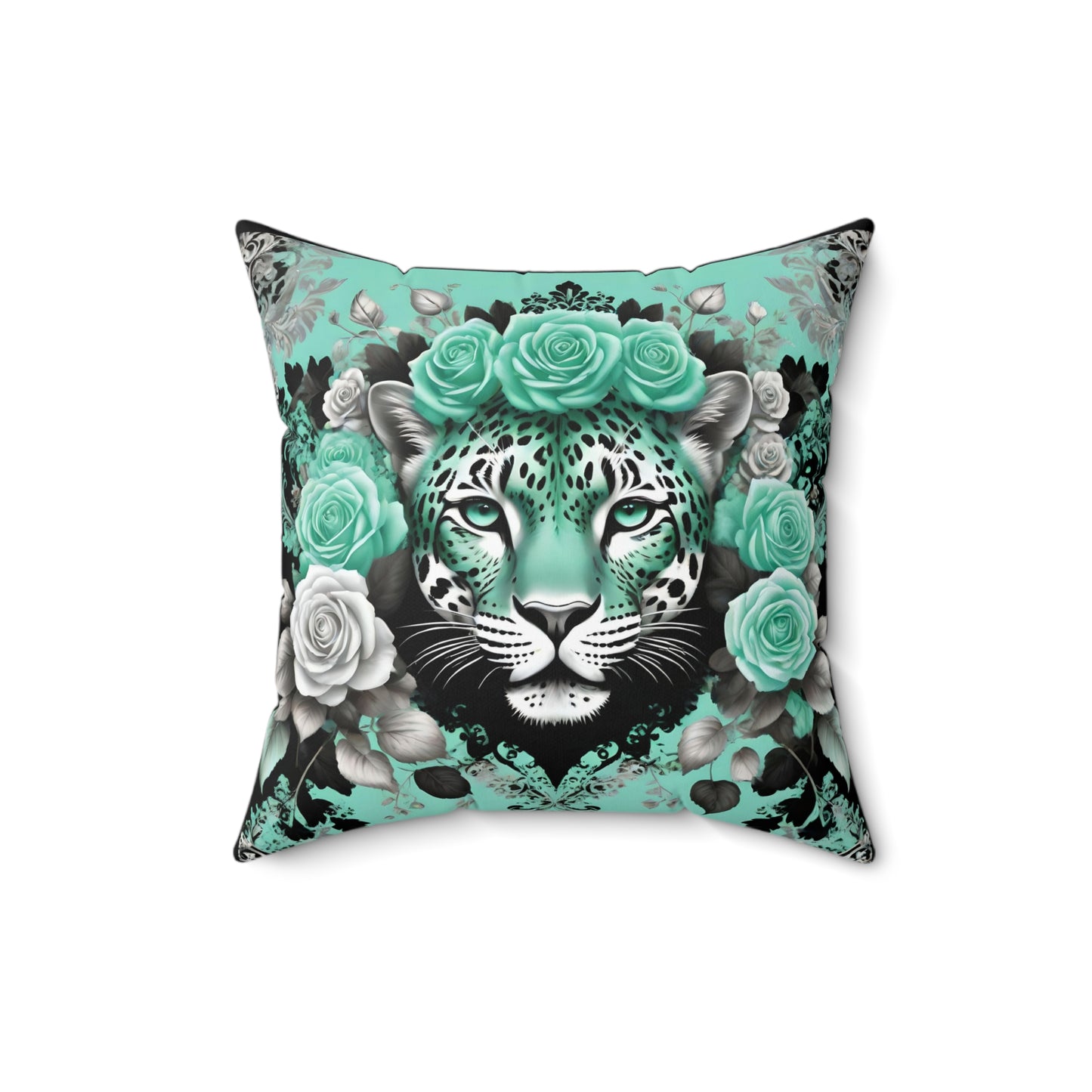 Floral Leopard Print Square Pillow – Chic Home Decor Accent - Mint Green Leopard