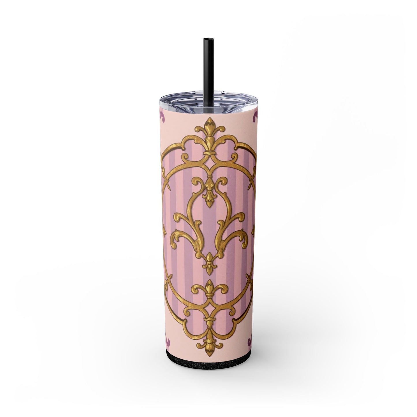 Elegant Lavender & Alabaster Striped Gold Baroque Tumbler - Insulated 20oz Skinny Cup with Straw, Ideal for Gifts, Parties, and Daily Use