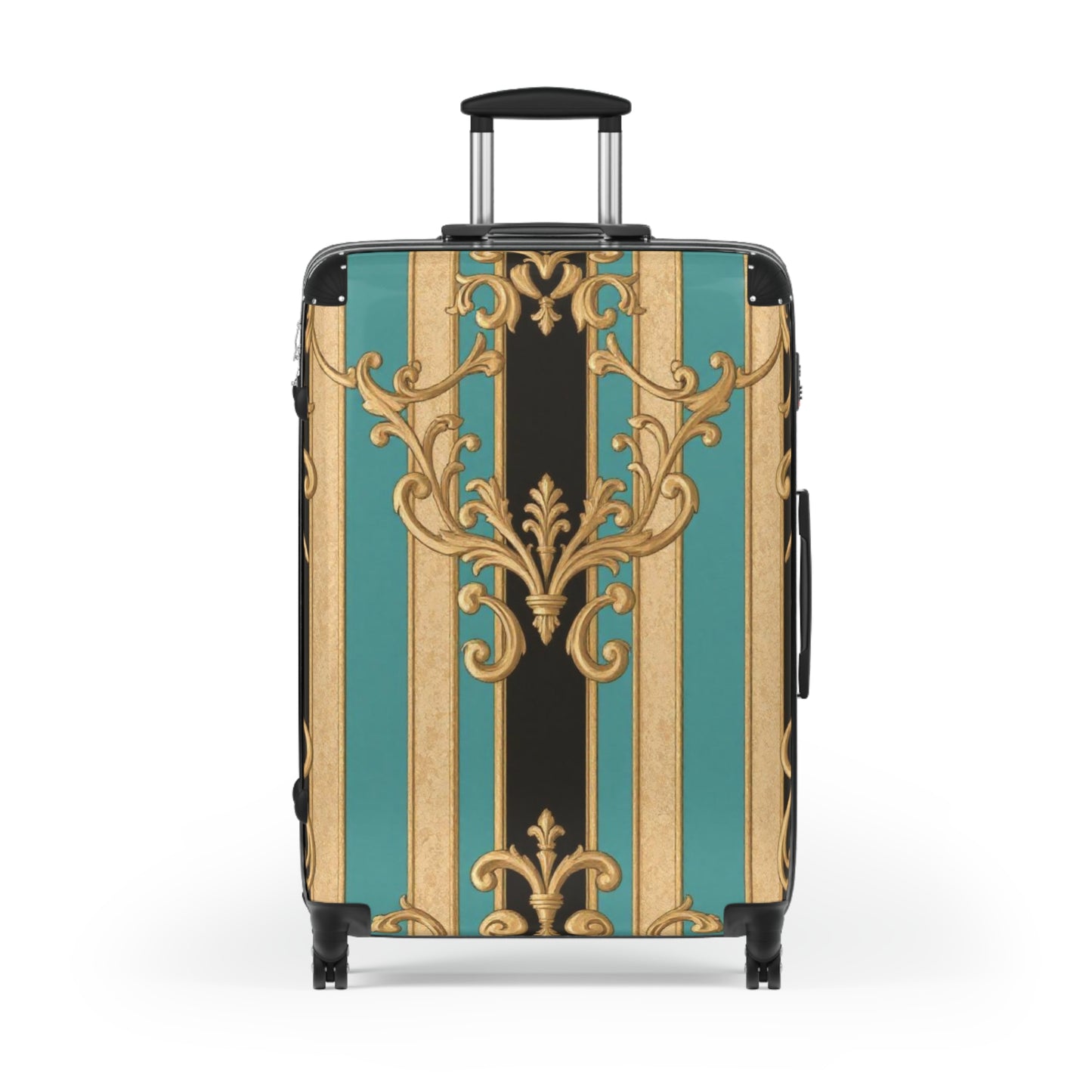 Stylish Black, Tan & Ocean Green Striped Gold Baroque Travel Suitcase, Luggage for Adventurers, Unique Gift for Travelers, Vintage Design