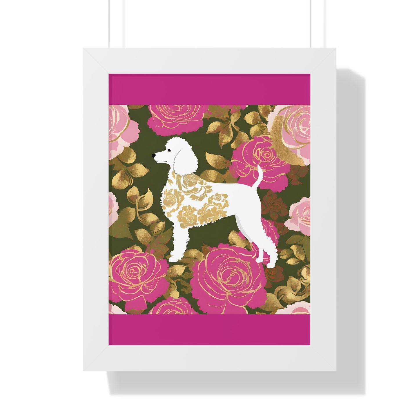Vertical Poster - Stylish Framed - Art for Home Decor - Damask White Poodle & Pink Roses