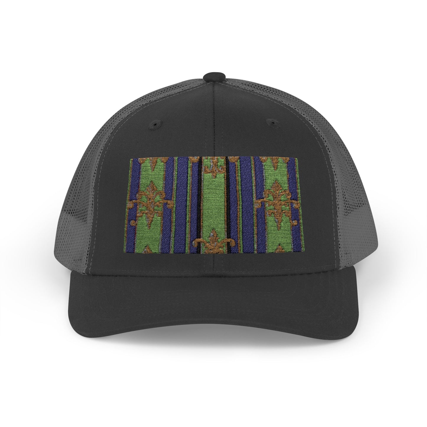 Vibrant Snapback Trucker Cap with Colorful Pattern, Baroque Hat for Festivals, Unisex Cap, Summer Accessory - Green Striped Gold Baroque