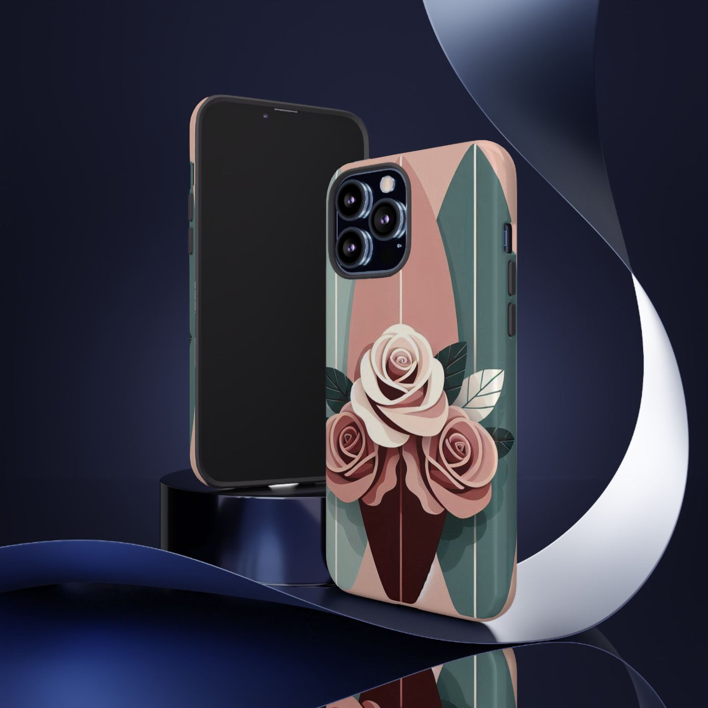 Phone Case - Burgundy, Matte Mauve & Teal Surfboard & Roses Design