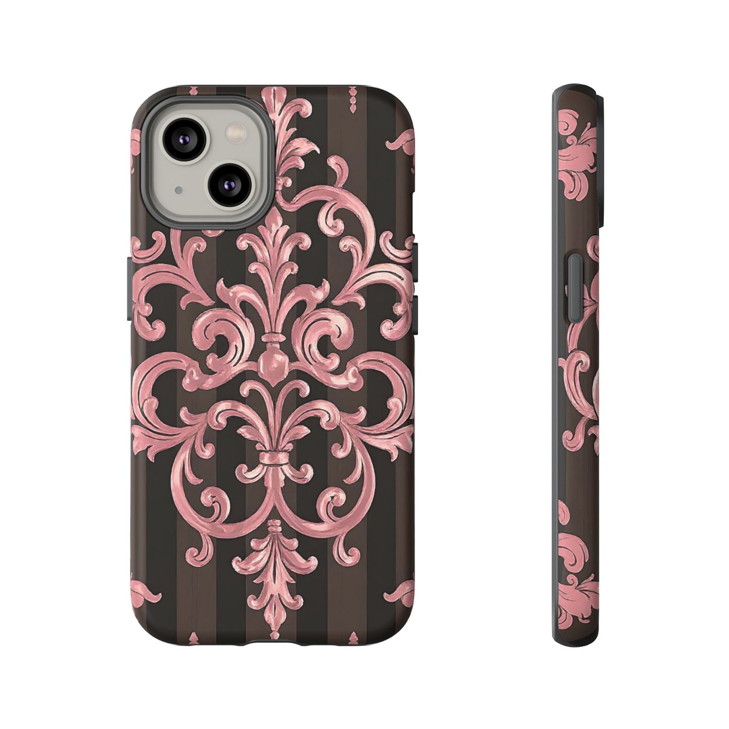 Elegant Floral Motif Phone Case - Tough Cases with Vintage Design - Brown Striped Mauve Damask