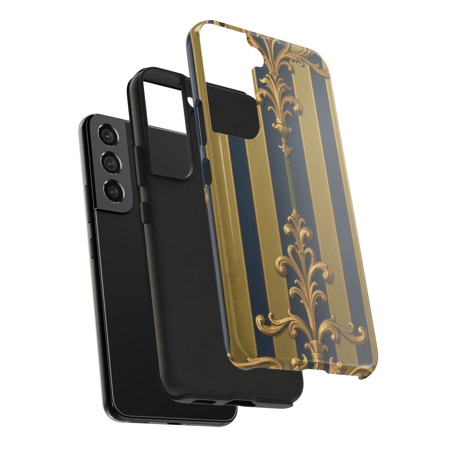 Elegant Midnight Blue & Olive Striped Gold Baroque Tough Phone Case, Phone Cover, Durable Case for Protection, Stylish Gift for Him/Her