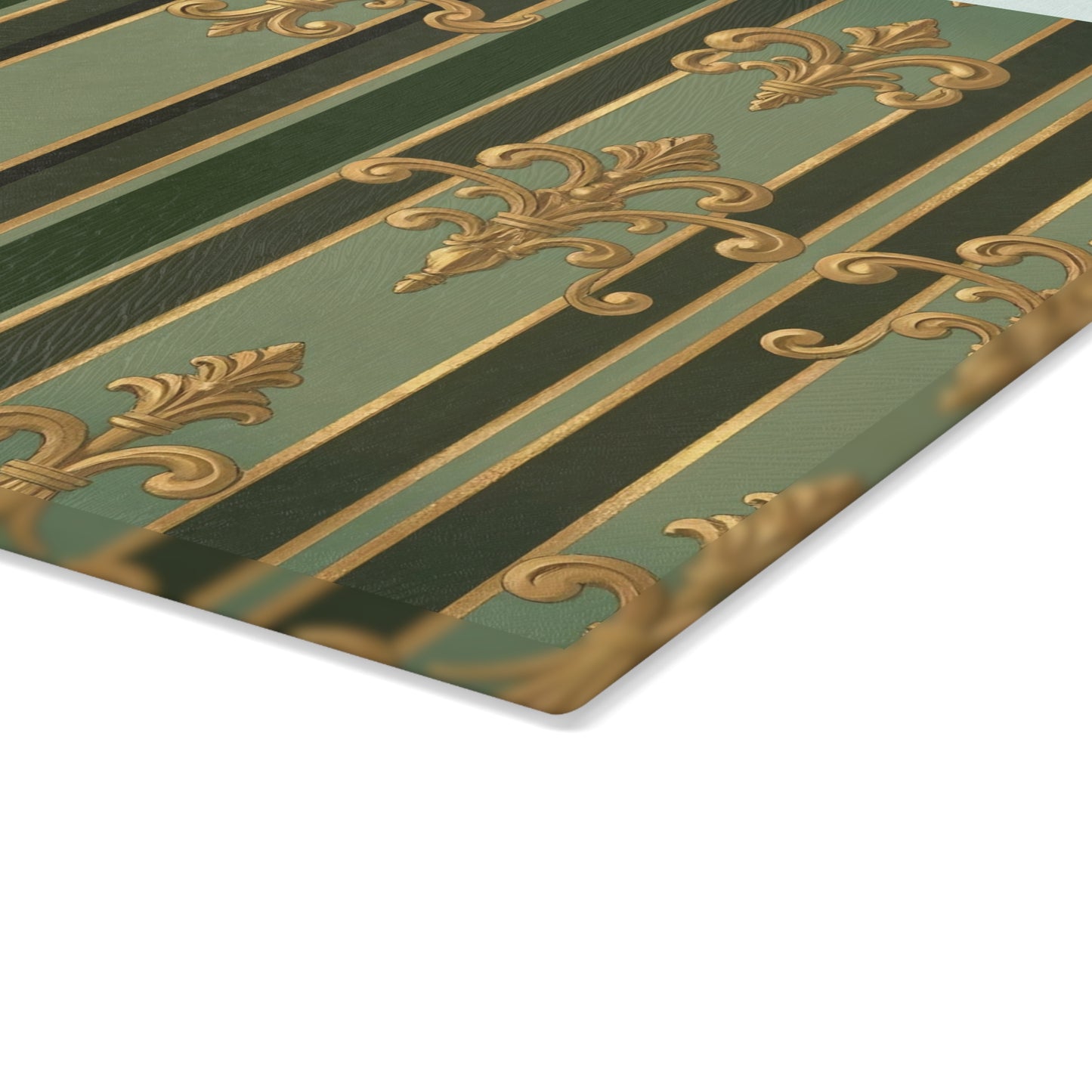 Elegant Glass Cutting Board with Fleur de Lis Design, Kitchen Decor, Wedding Gift, Housewarming Gift, Culinary Art - Green Striped Gold Baroque