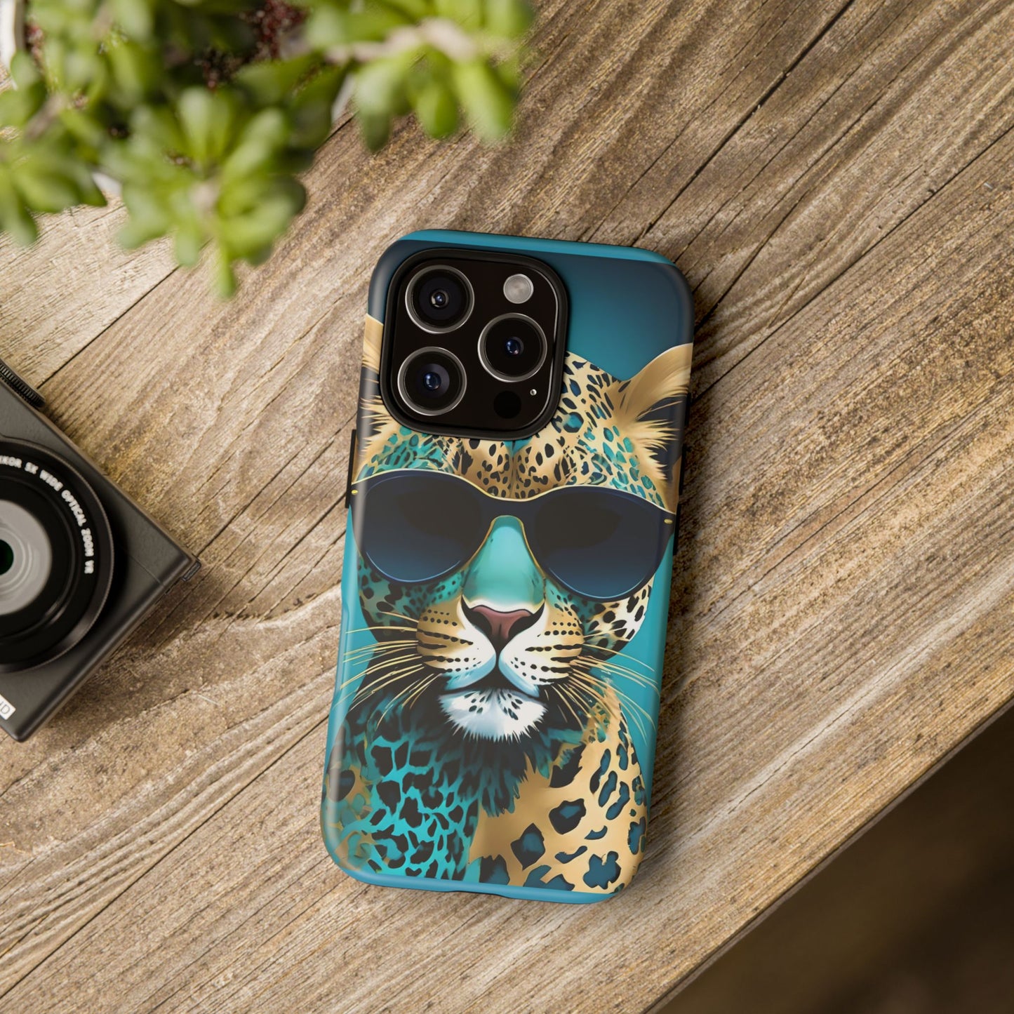 Phone Case - Aqua & Gold Leopard In Sunglasses Design