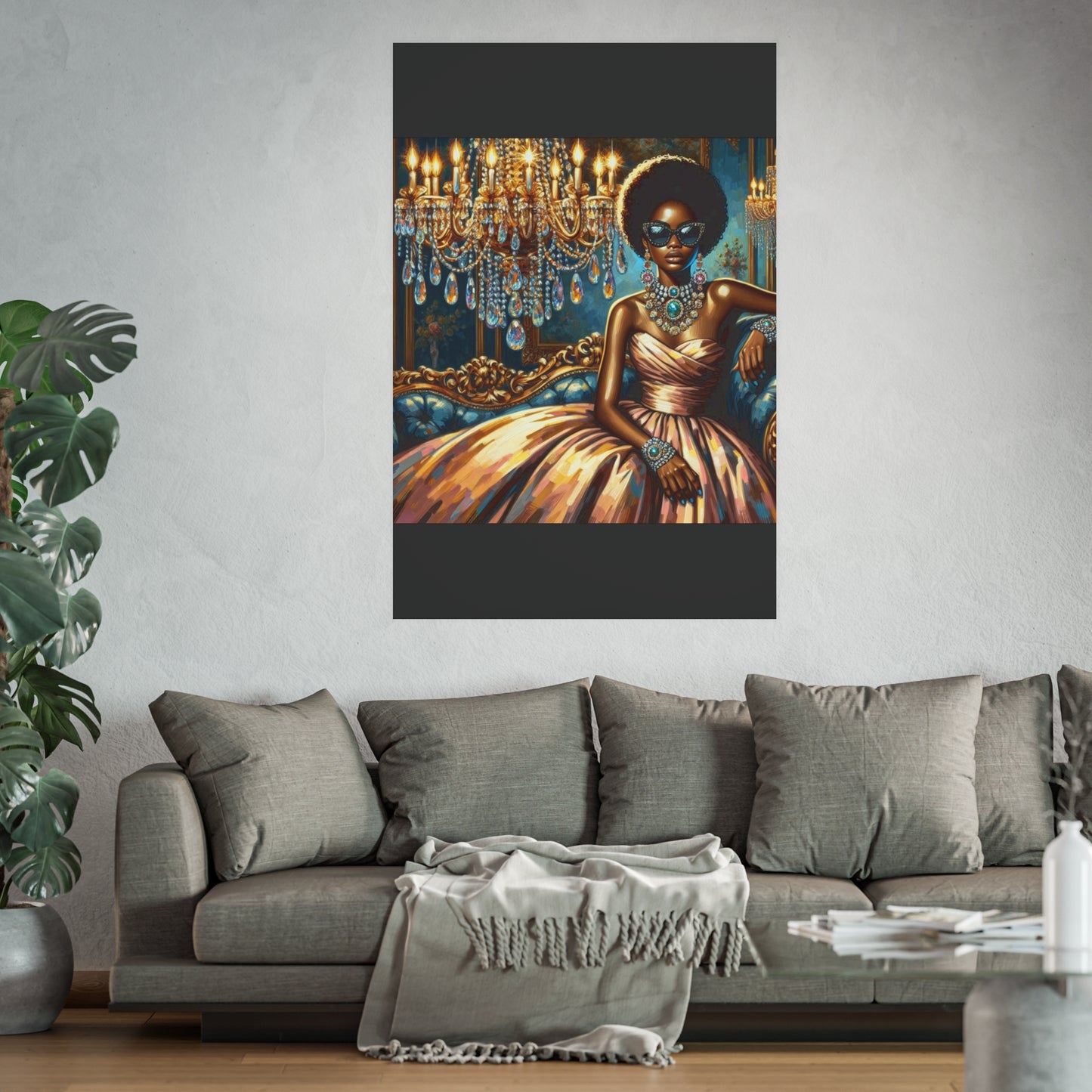 Elegant Glamour Satin Poster, Wall Art Decor, Modern Home Gallery, Gift for Art Lovers, Chic Interior Decoration - Elegant Lady & Chandelier