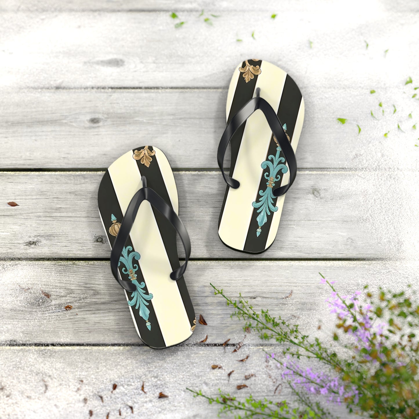 Stylish Flip Flops | Beach Sandals, Summer Footwear, Vacation Getaway, Casual Summer Style - Black Striped Turquoise & Black Rococo