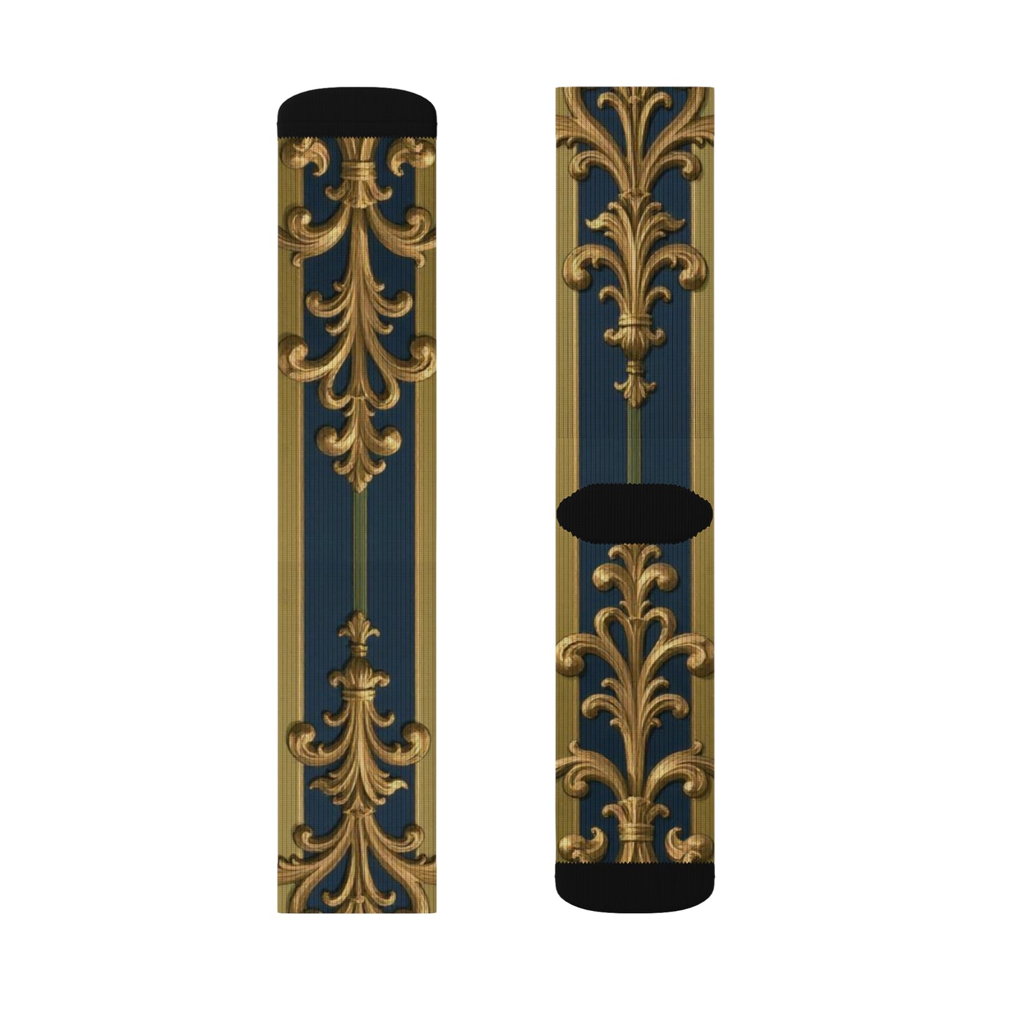 Elegant Midnight Blue & Olive Striped Gold Baroque Sublimation Socks, Stylish Patterned Socks, Trendy Gift Socks, Fashion Accessories