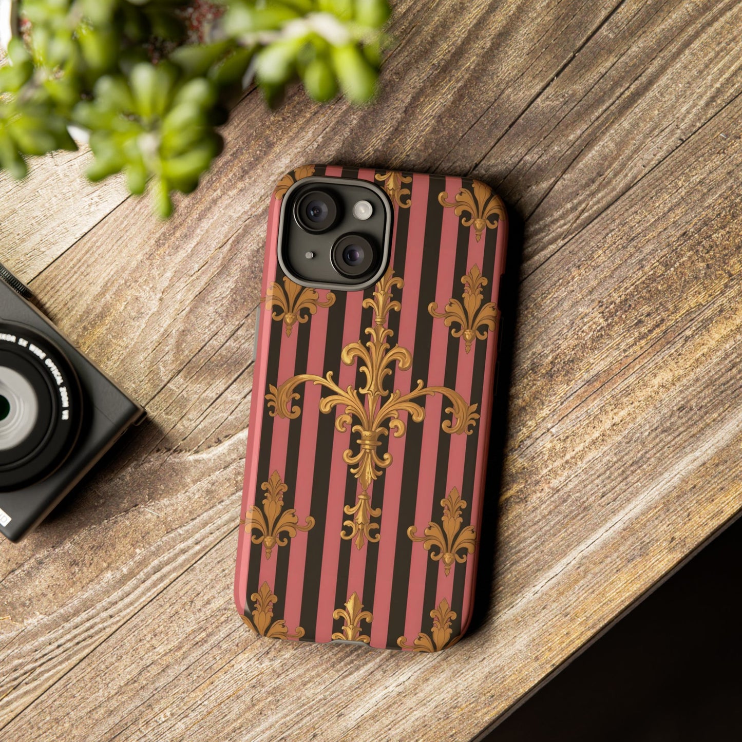 Elegant Floral Motif Phone Case - Tough Cases with Vintage Design - Mauve Striped Gold Damask