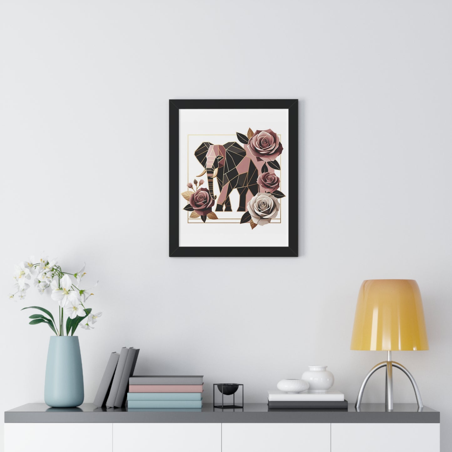 Vertical Poster - Brown & Mauve Elephant & Roses Wall Art
