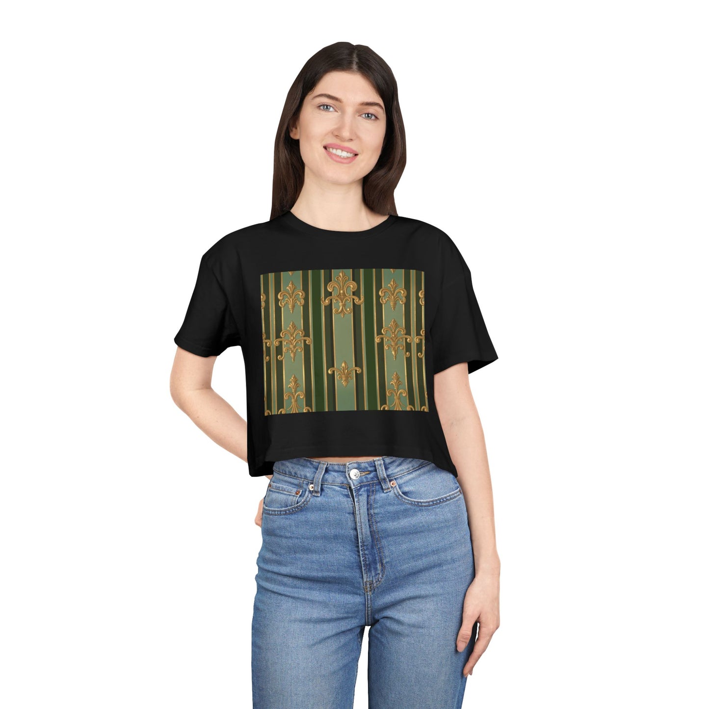 Chic Baroque Women's Crop Tee, Trendy Summer Top, Casual Outing Shirt, Stylish Layering Piece, Gift for Her - Green Striped Gold Baroque