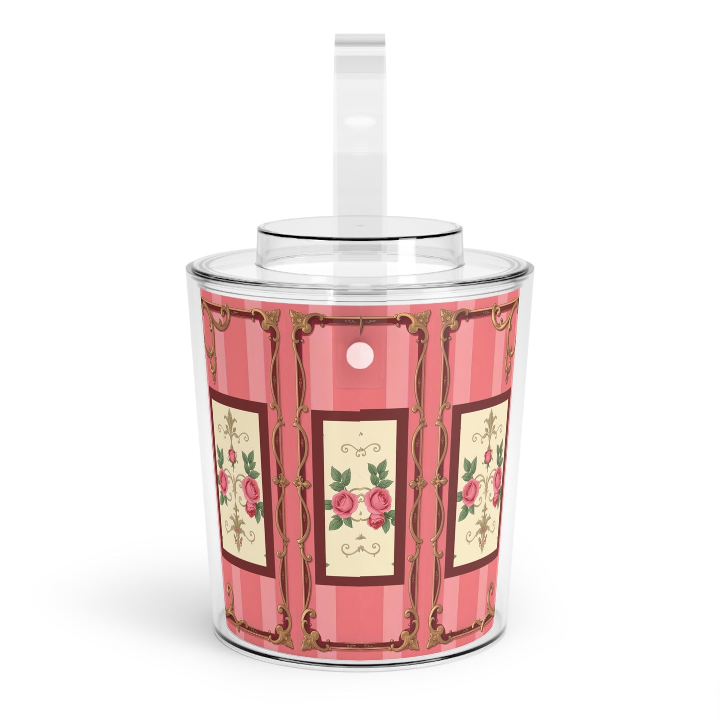 Elegant Floral Ice Bucket with Tongs for Parties and Celebrations - Pink Striped Baroque & Roses