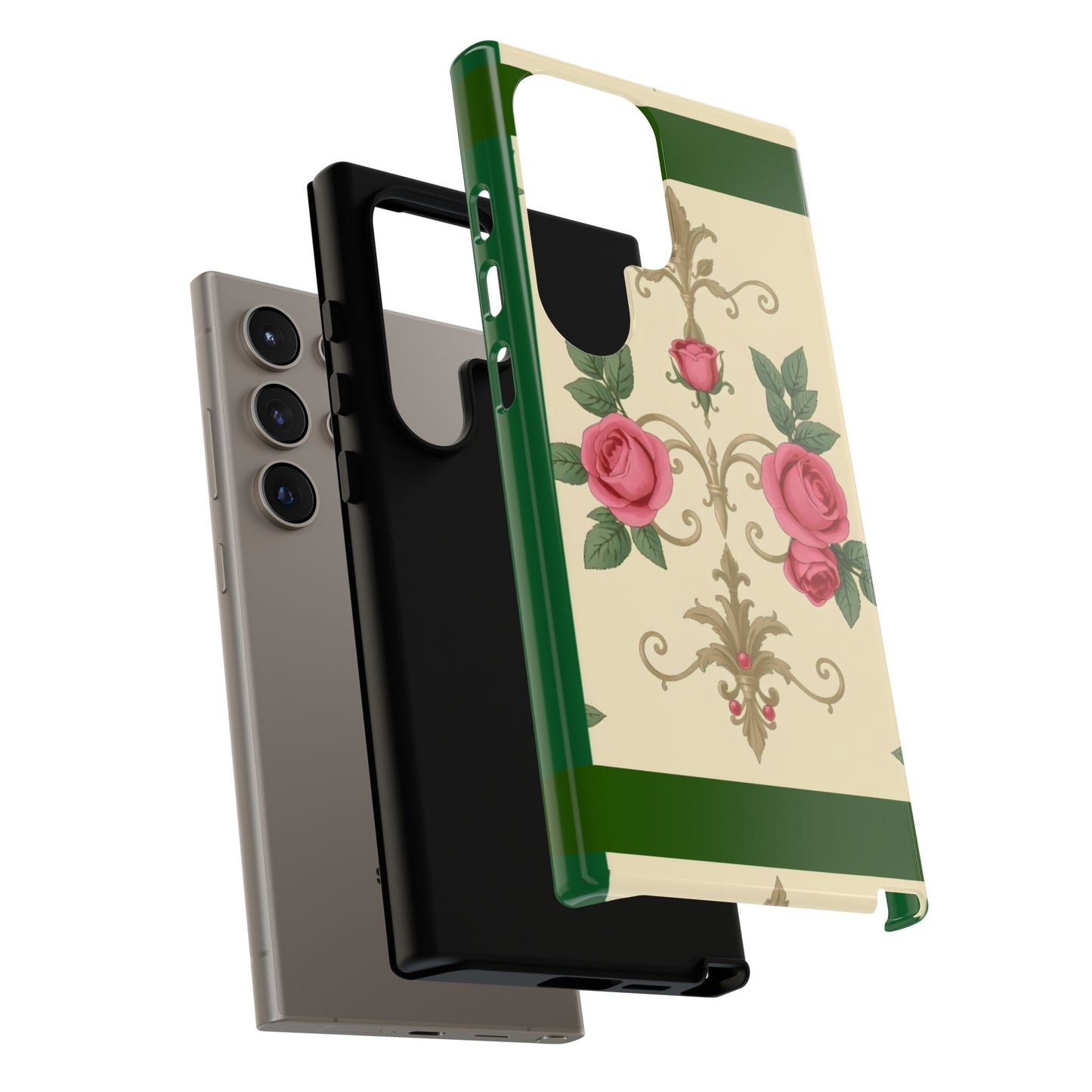 Elegant Floral Motif Phone Case - Tough Cases with Vintage Design - Green Border Roses & Damask