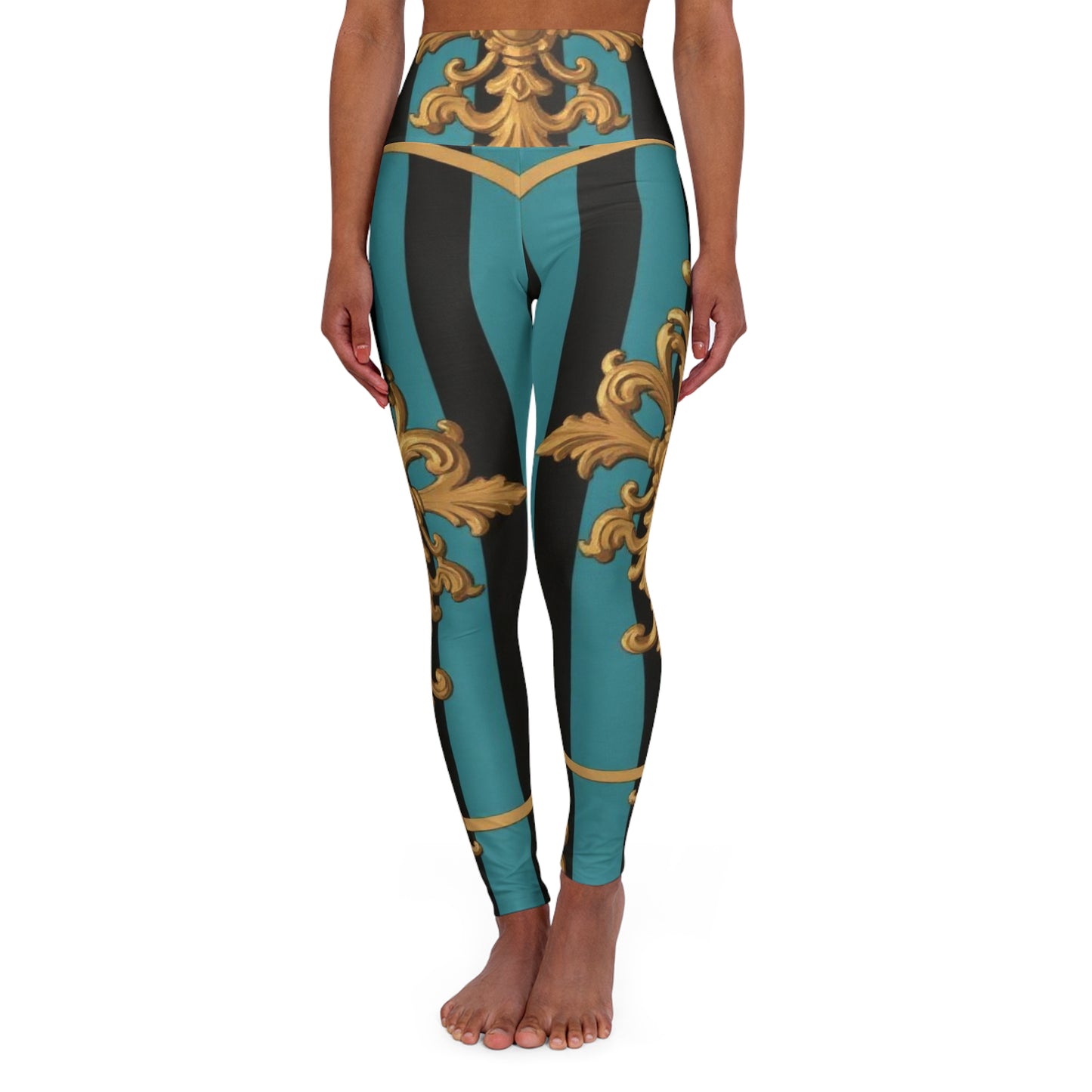 Luxurious Turquoise & Black Striped Gold Baroque High Waisted Yoga Leggings, Fashion Activewear, Workout Leggings, Gym Clothes
