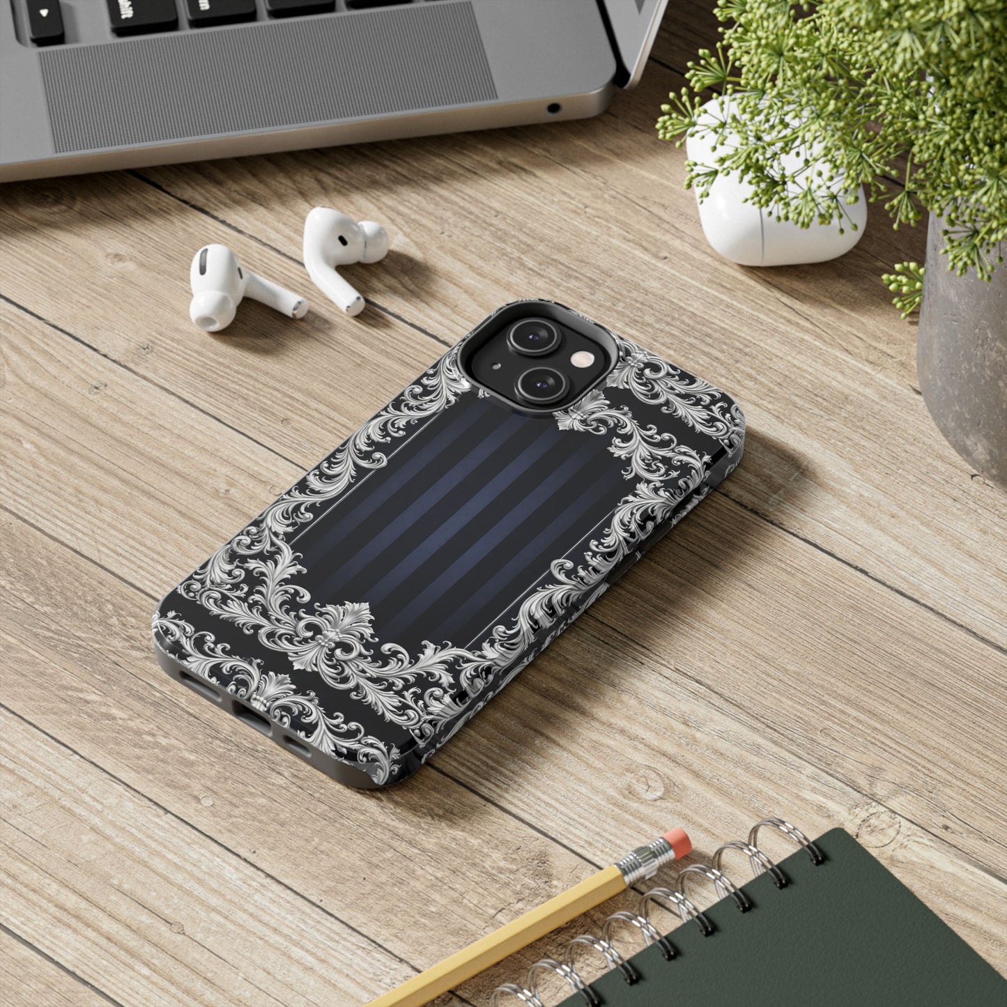 Navy Stripes & Baroque Tough Phone Case — Protective Decorative iPhone Case