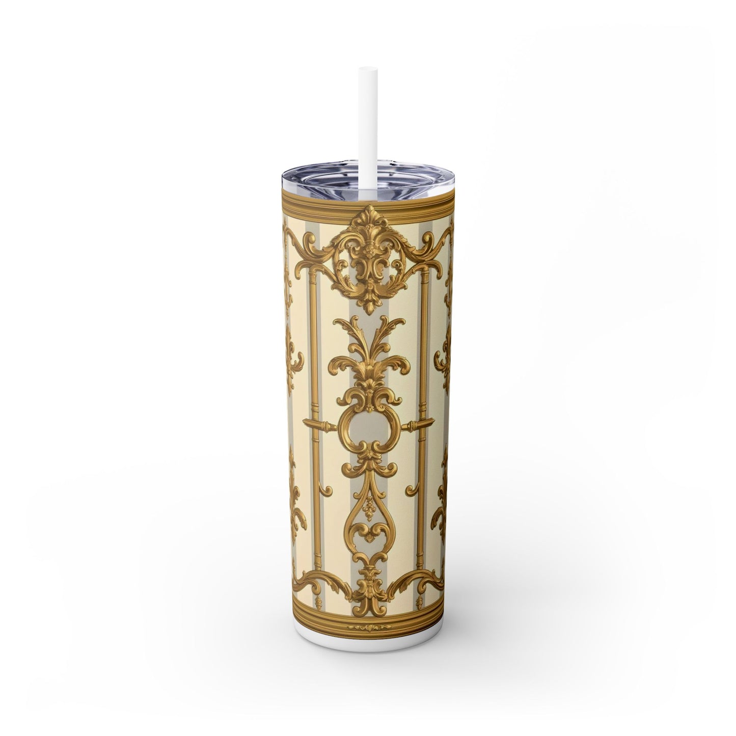 Elegant Vintage Skinny Tumbler with Straw, 20oz - Golden Baroque Design for Weddings, Parties - Matte Gray & Cream Striped Gold Baroque