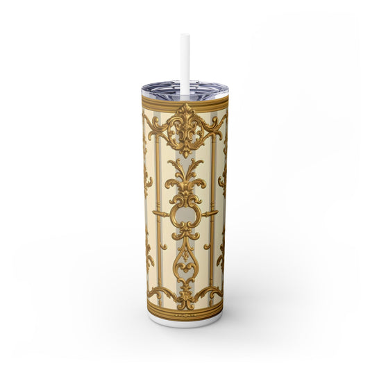 Elegant Vintage Skinny Tumbler with Straw, 20oz - Golden Baroque Design for Weddings, Parties - Matte Gray & Cream Striped Gold Baroque