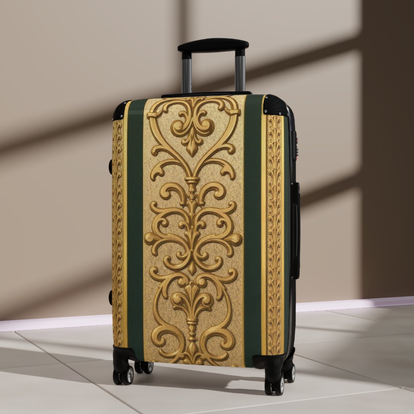 Elegant Teal Striped Gold Baroque Travel Suitcase - Vintage Style Luggage for Stylish Travelers, Durable Carry-On, Gift for Adventurers