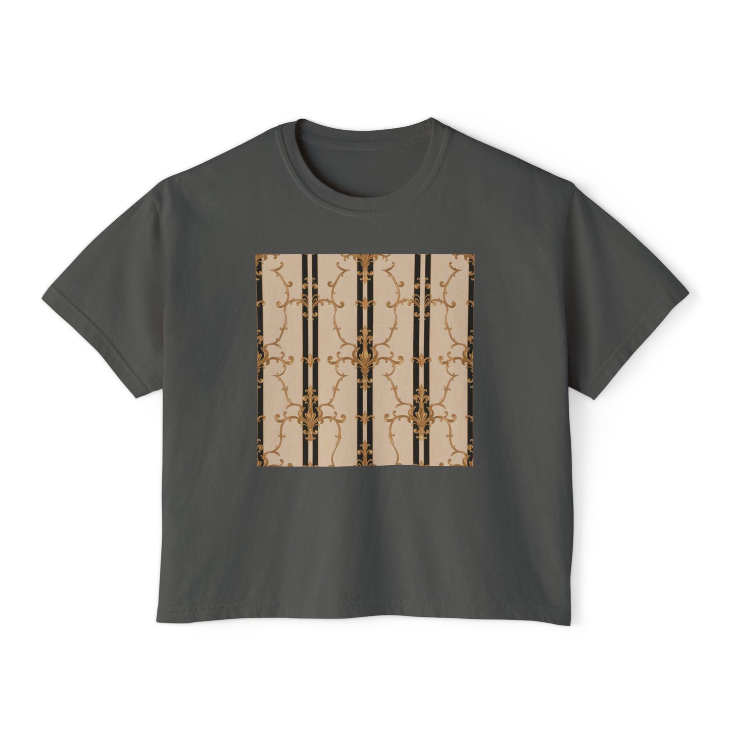 Chic Women's Boxy Tee with Abstract Design, Casual Top, Fashion Tee, Everyday Wear, Stylish Gift for Her - Black & Beige Striped Damask
