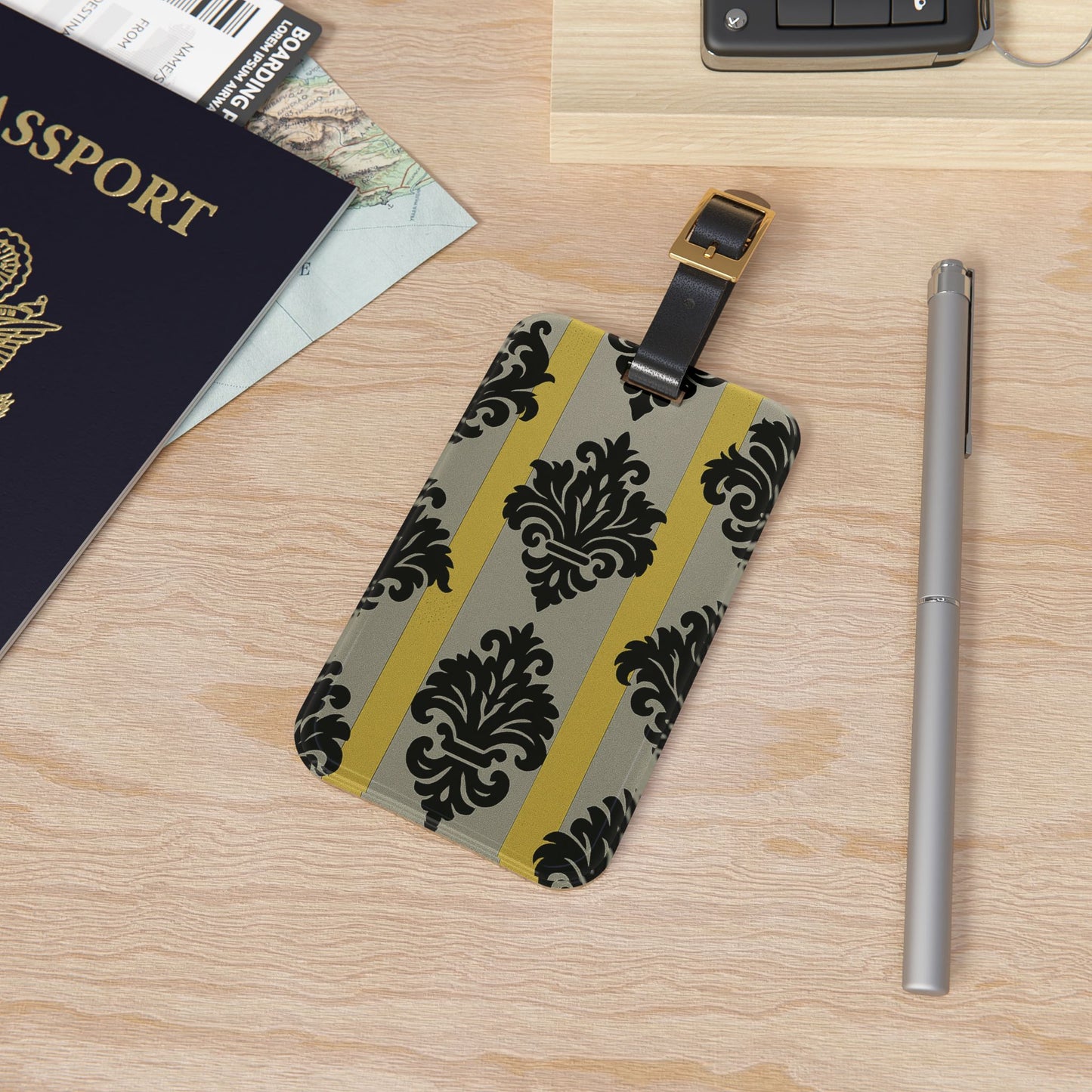 Elegant Vintage Luggage Tag | Travel Accessory, Personalized Baggage Identifier, Gift for Travelers - Silver & Gold Striped Black Baroque