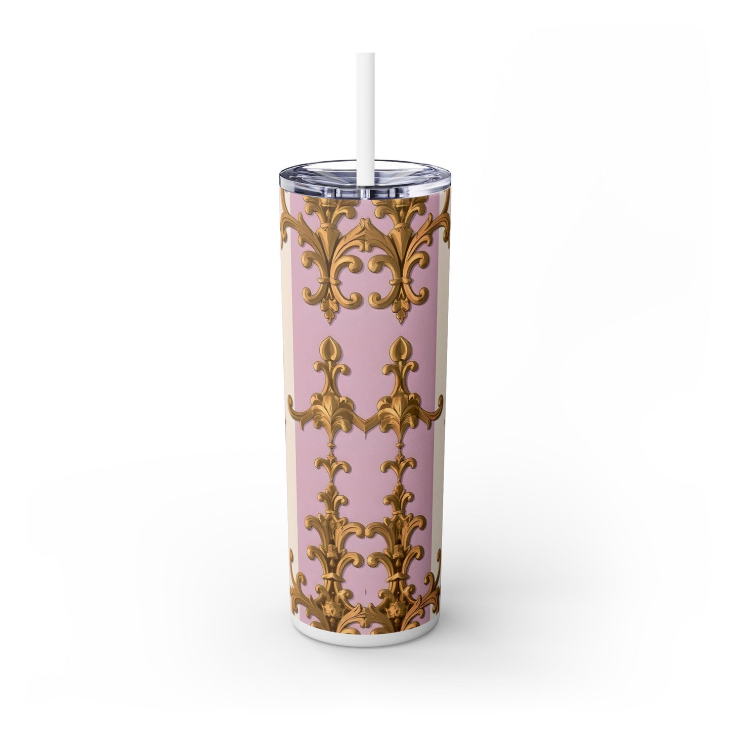 Elegant Pink Tumbler, Gold Patterned Travel Cup, Insulated Drink Holder, Stylish Coffee Tumbler - Lilac & Alabaster Striped Gold Baroque